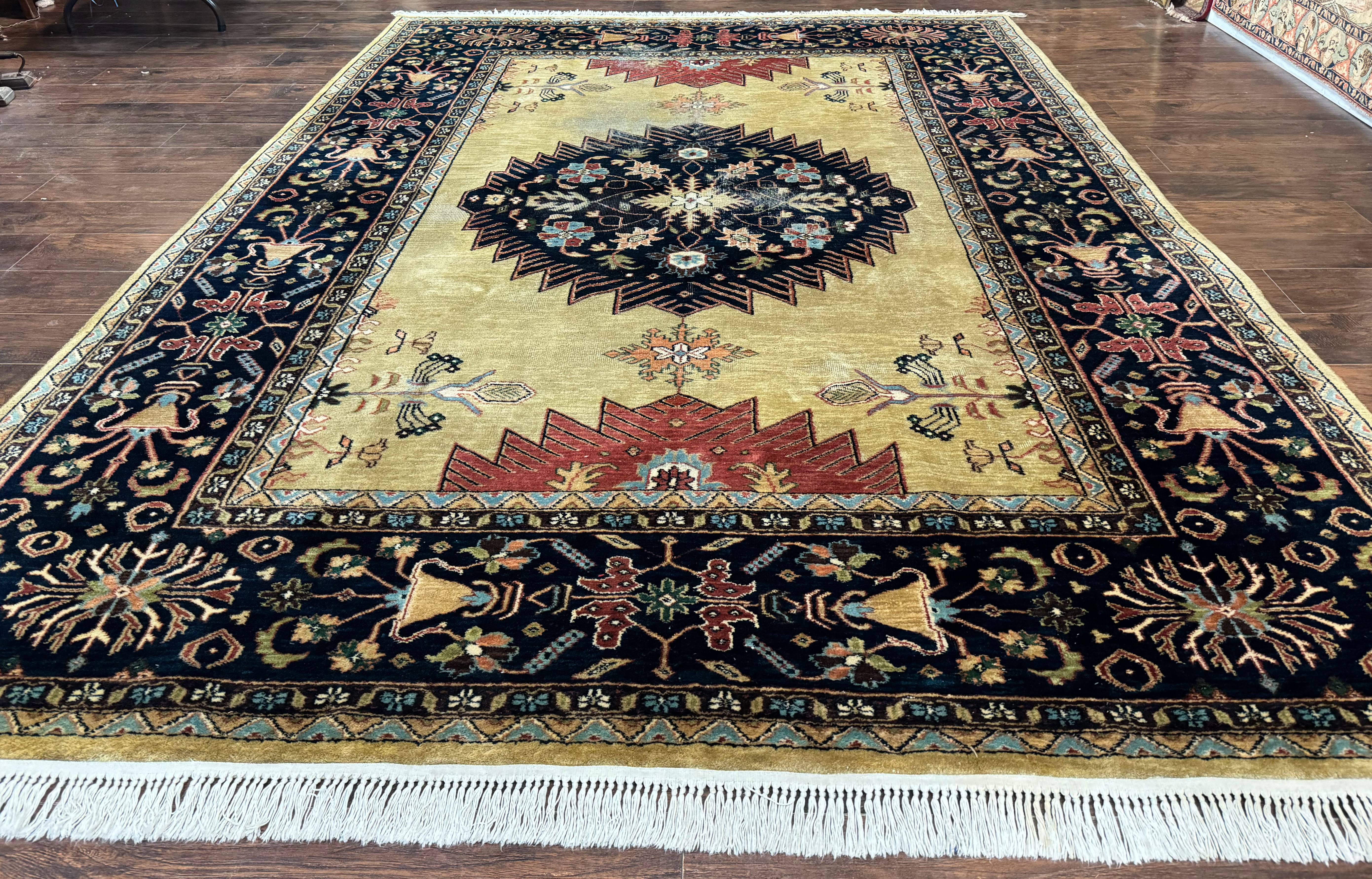 Indo Persian Heriz Rug 8x12, Camel Hair Tan and Navy Blue, Decorative - Jewel Rugs