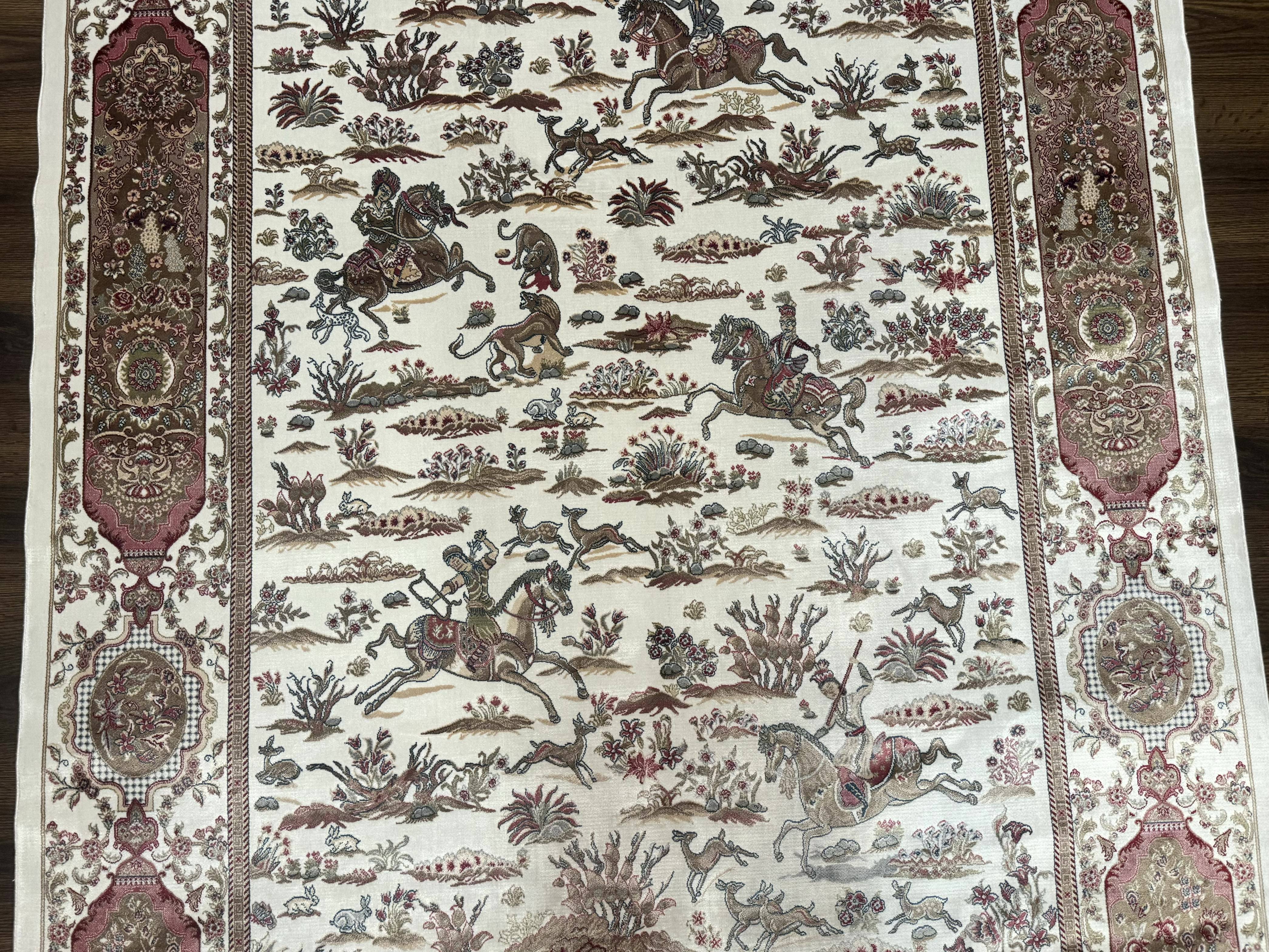 Turkish Silk Rug 5x8, Ivory, Hunting Design, Animal Pictorials, Bamboo Silk - Jewel Rugs