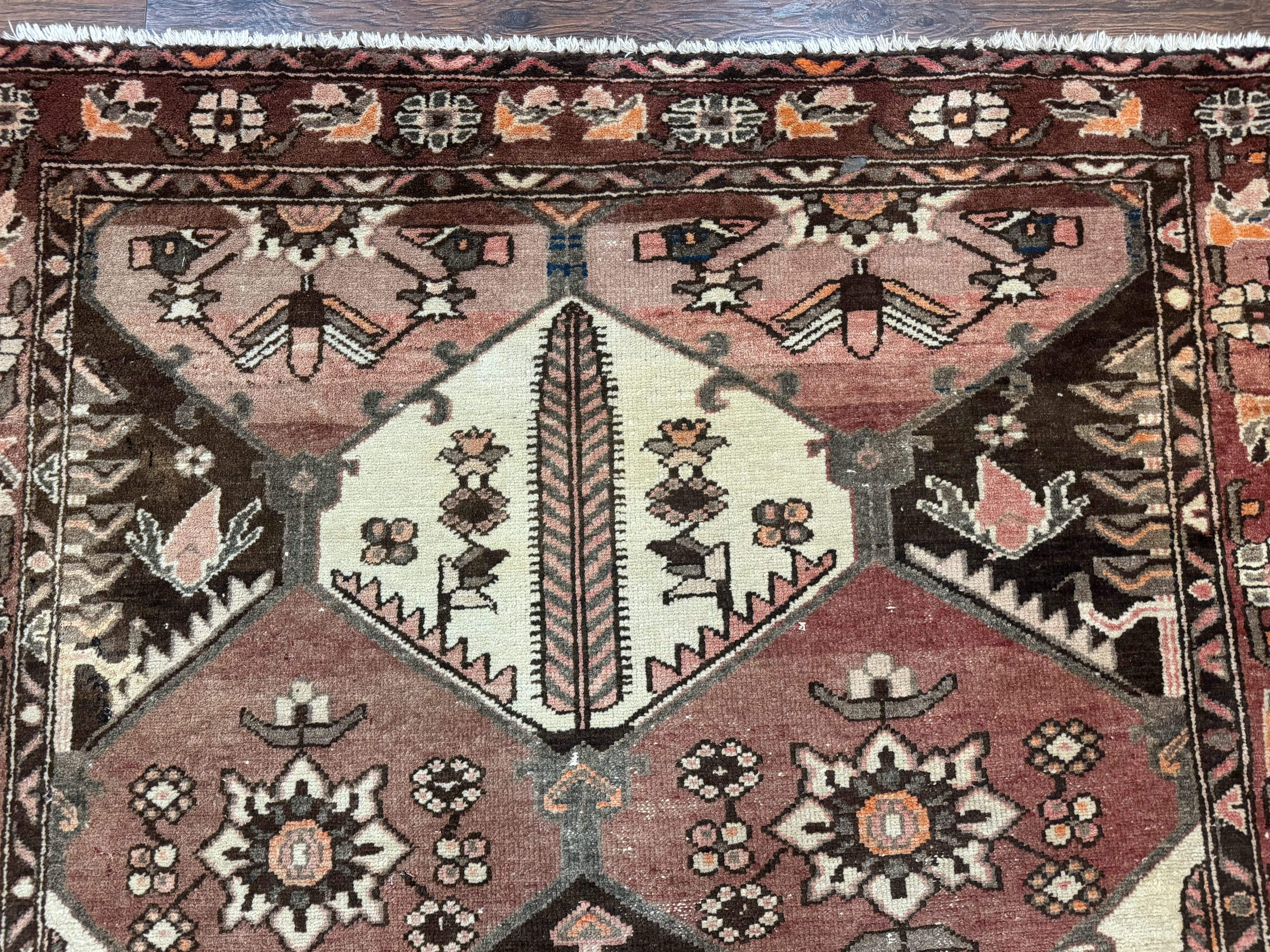 Persian Bakhtiari Rug 5x7 – Muted Rose and Cream, Wool Tribal Carpet, Geometric Panel Design - Jewel Rugs