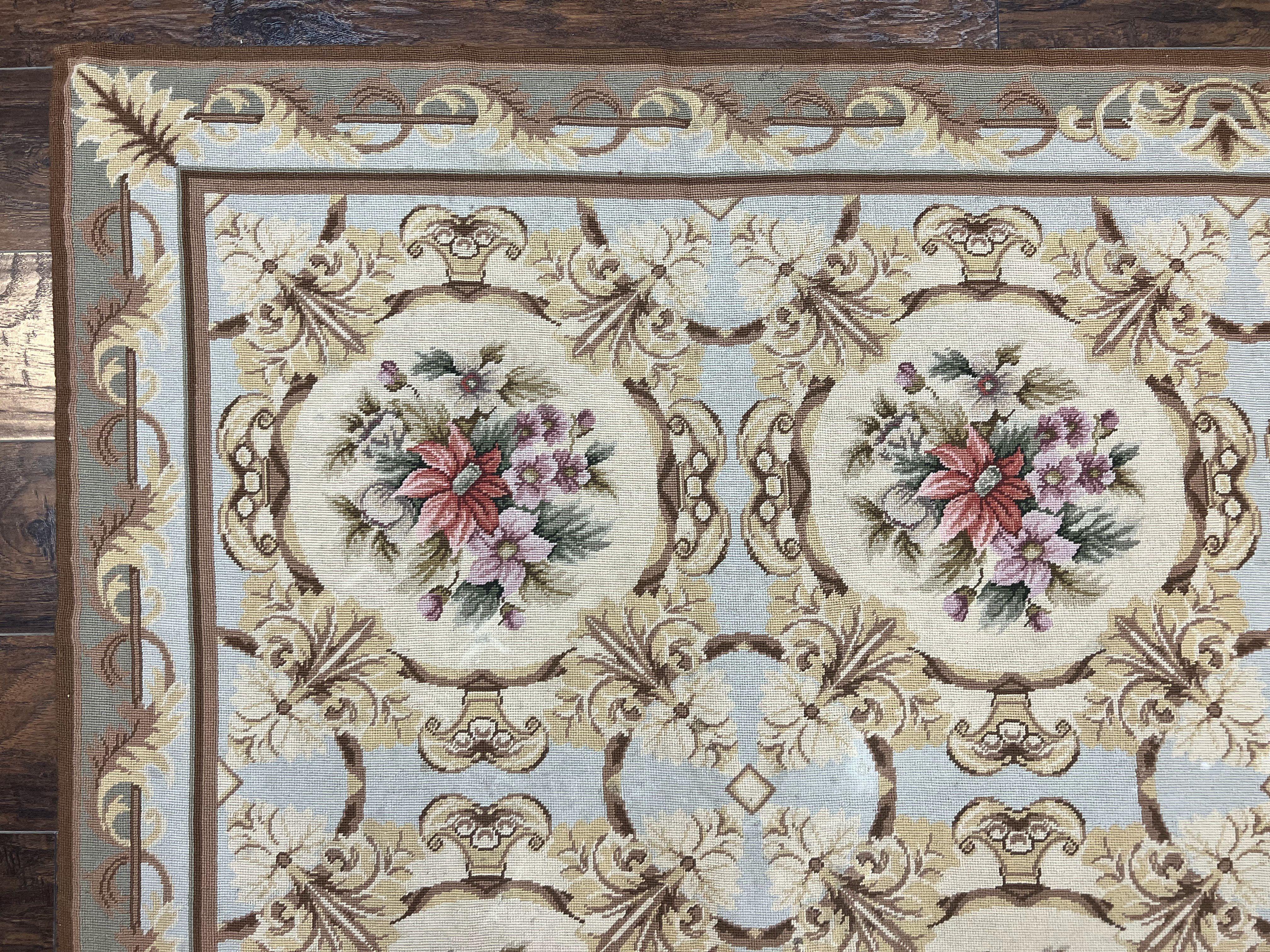 Chinese Needlepoint Rug 8x11, Handmade Wool Needlepoint Carpet, Vintage, Sky Blue - Jewel Rugs