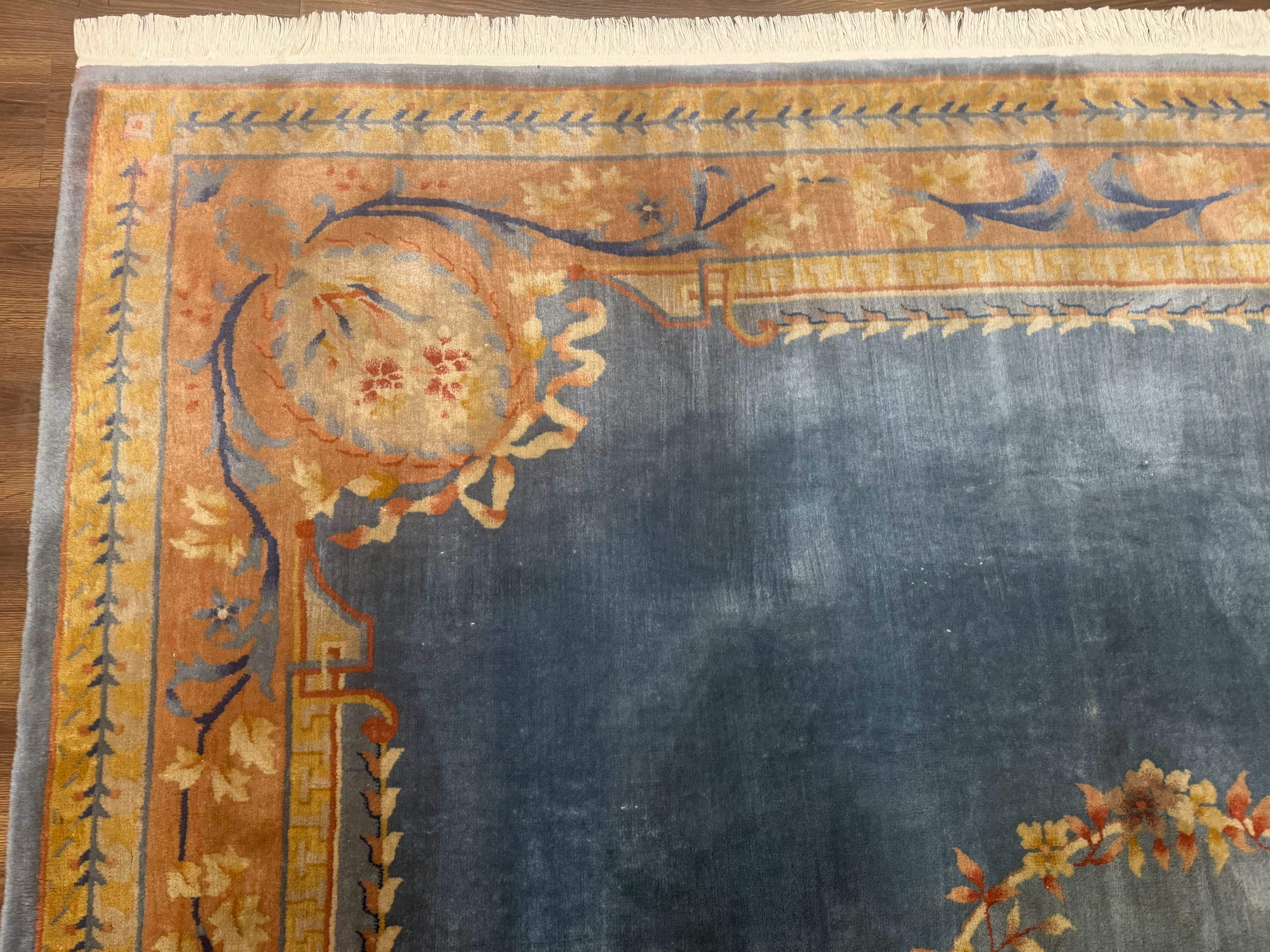 Chinese Aubusson Wool Rug 9x11, Light Blue and Salmon, Hand Knotted, Soft Pile - Jewel Rugs