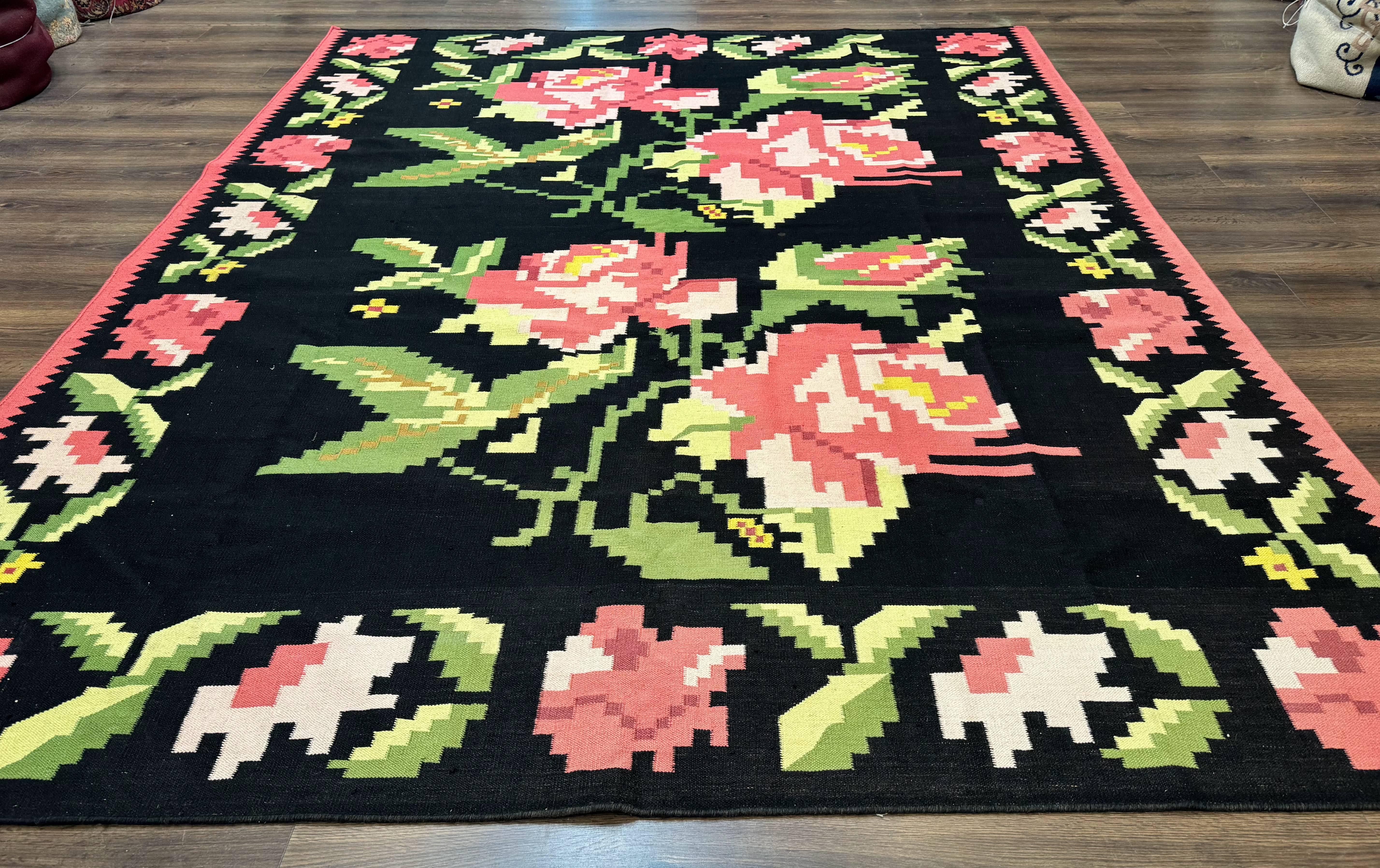 Large Indian Dhurrie Rug 8x10, Black Pink Green, 8 x 10 Kilim Rug, Handmade, Wool, Floral - Jewel Rugs