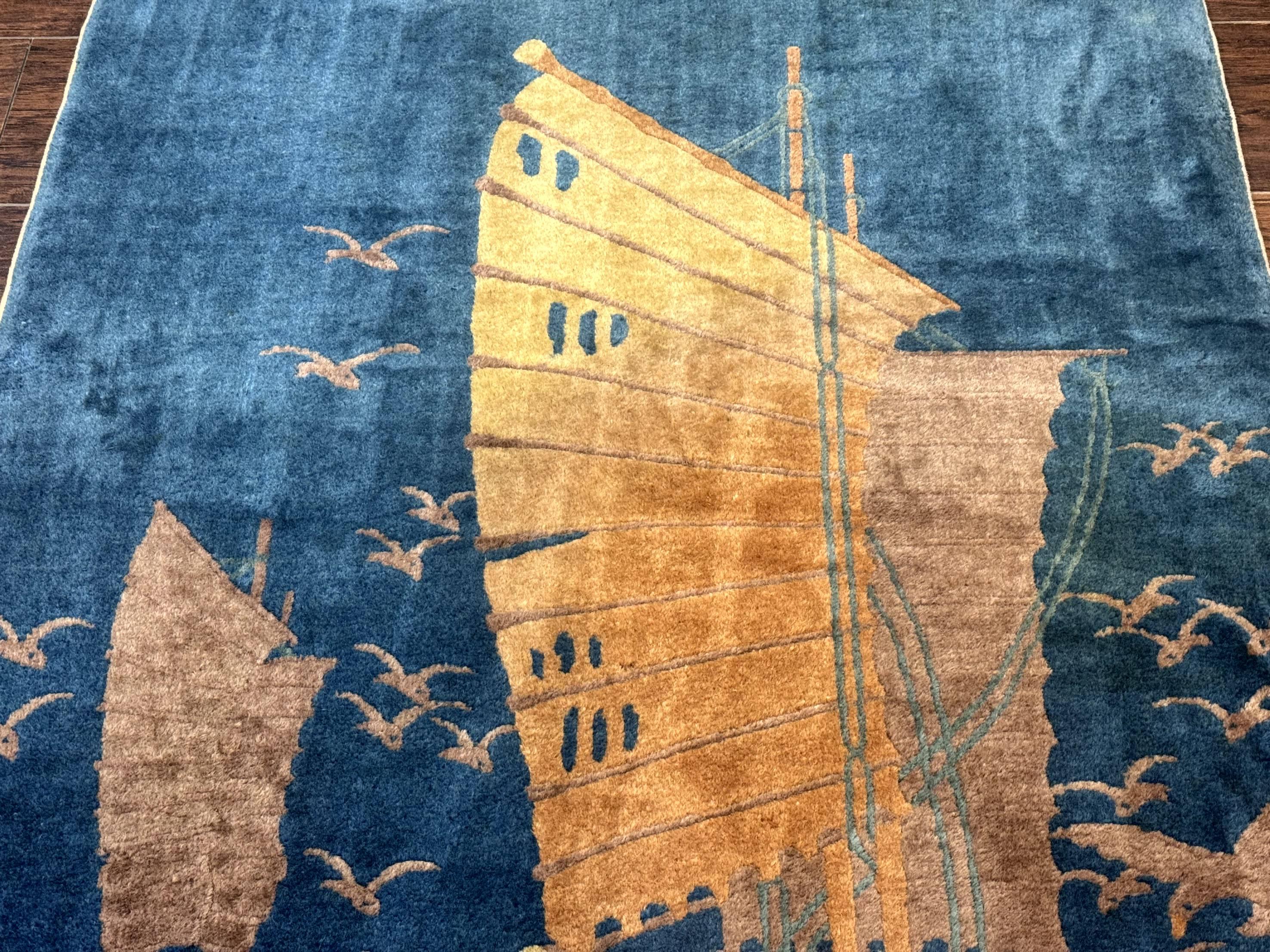 Chinese Art Deco Rug 3x5, Blue, Sailboat and Birds, Seagulls, Ocean, Vintage, Handmade, Chinese Wool Rug, Peking Rug - Jewel Rugs