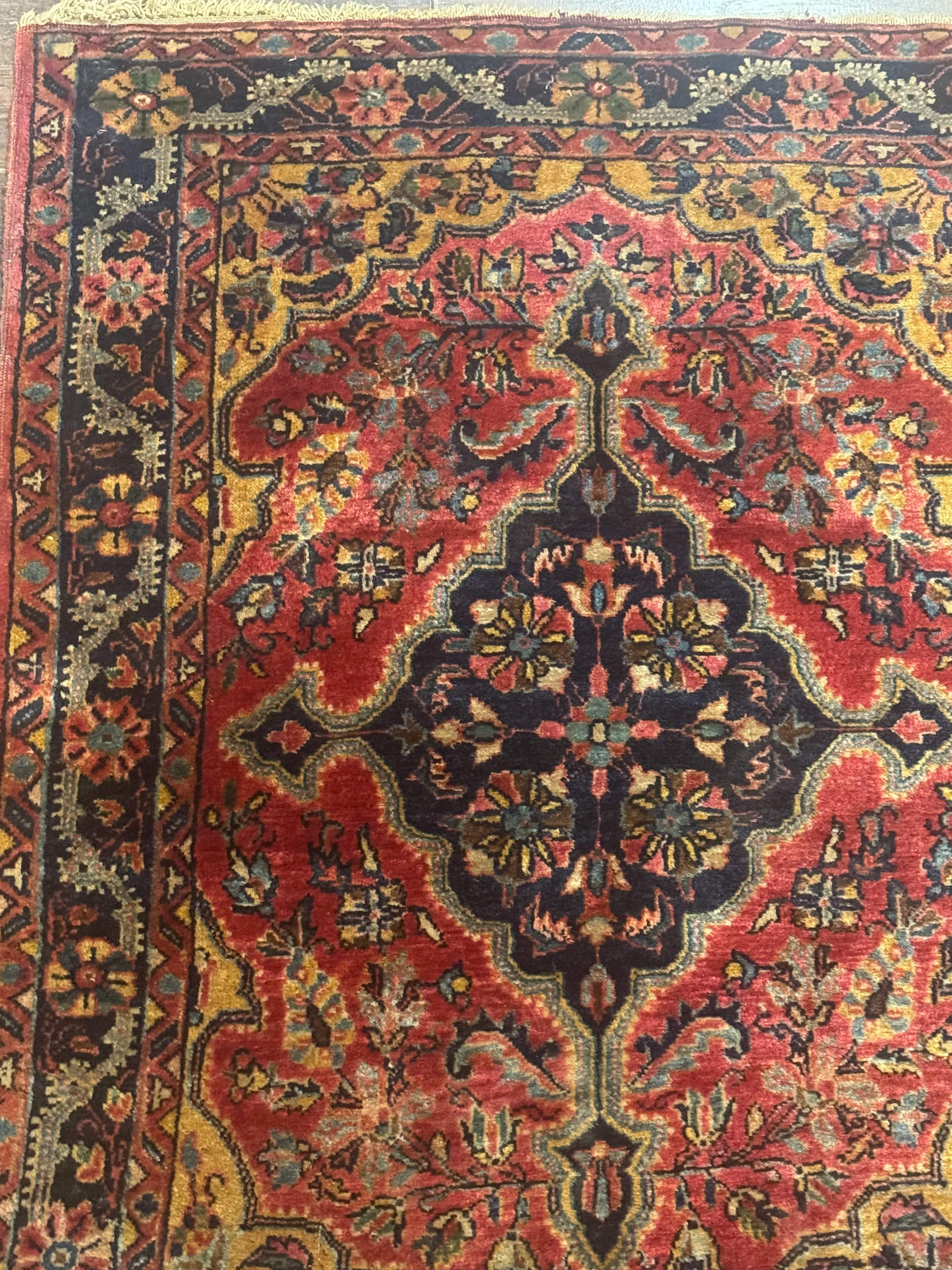 Persian Sarouk Rug 2x3 – Red and Navy, Small Hand-Knotted Wool Antique Accent Rug - Jewel Rugs