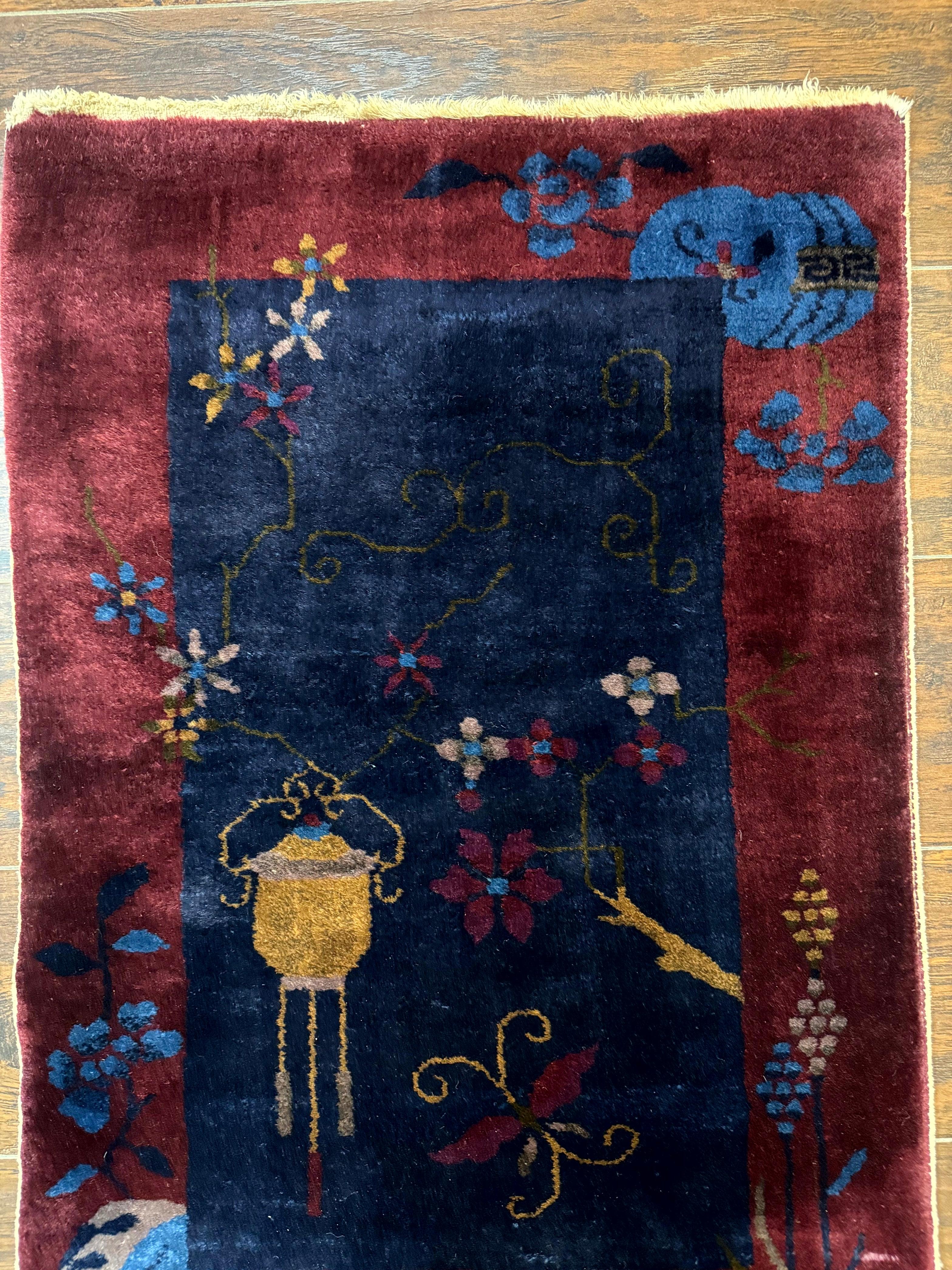 Chinese Art Deco Rug 2x3, Small Chinese Antique Wool Carpet, Nichols Rug - Jewel Rugs