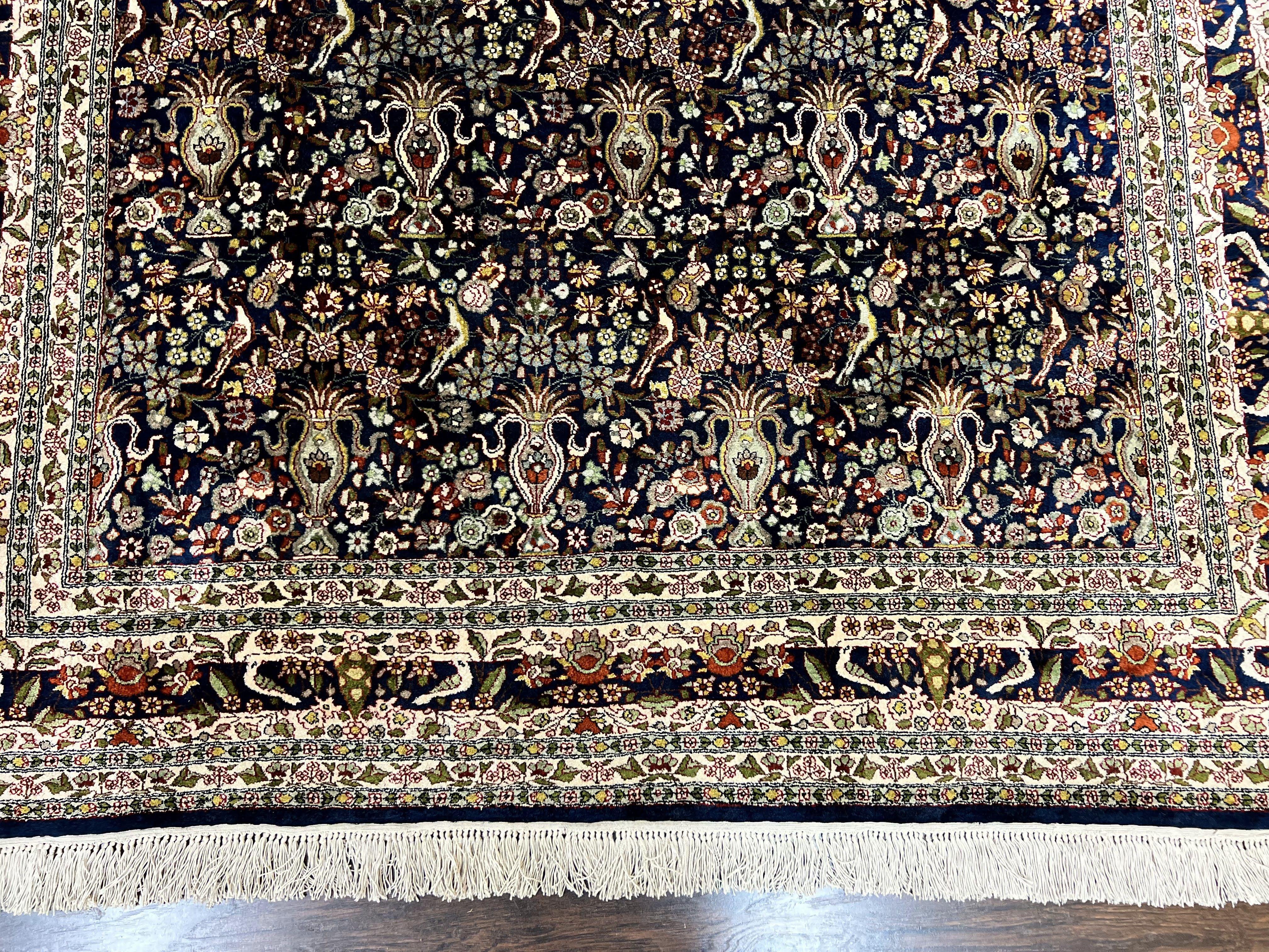 Silk Indian Kashmiri Rug 5x7, Navy Blue Indo Persian Silk Carpet 5 x 7 ft, Hand Knotted Handmade Very Fine Oriental Carpet, 450 KPSI, Birds - Jewel Rugs