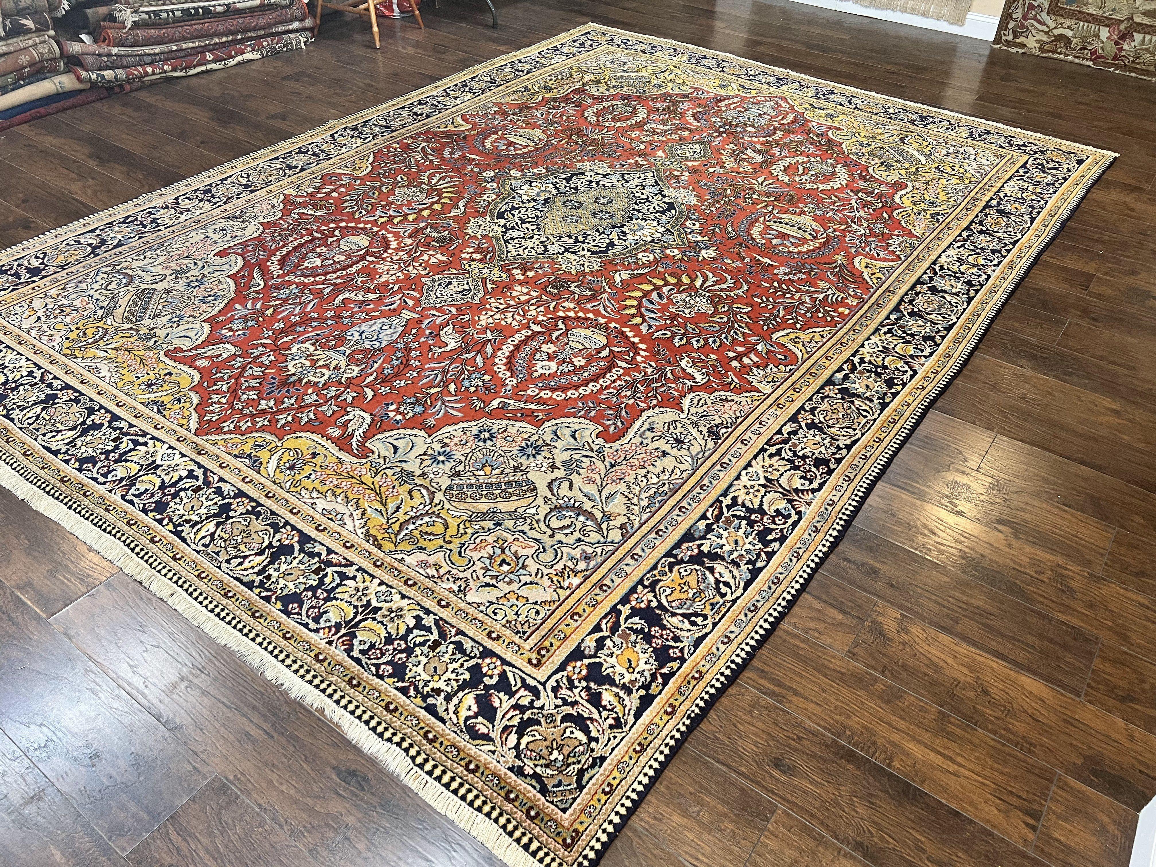 Wonderful Persian Qum Rug 10x14, Wool w/ Silk Highlights, Hand Knotted Semi Antique Vintage Carpet, Red, Floral, Fine Weave, Birds Deer Pictorials - Jewel Rugs