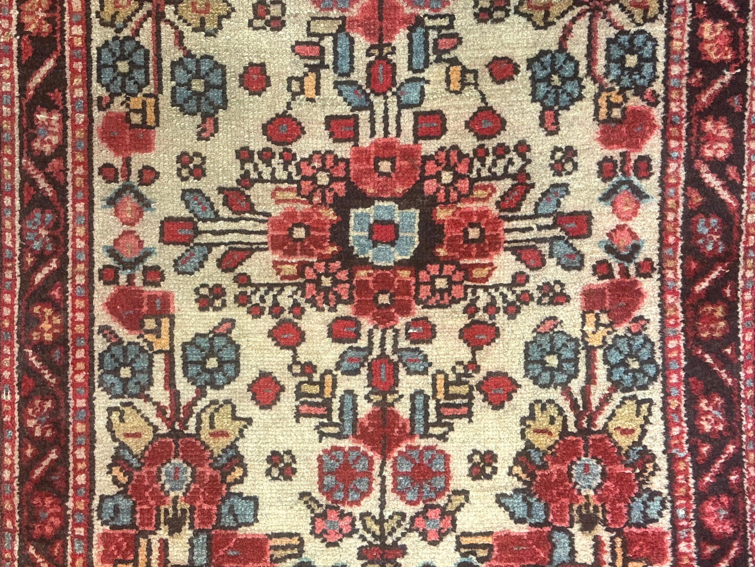 Small Antique Persian Rug 2x3, Beige and Red, Floral, Wool, Hamadan Rug - Jewel Rugs