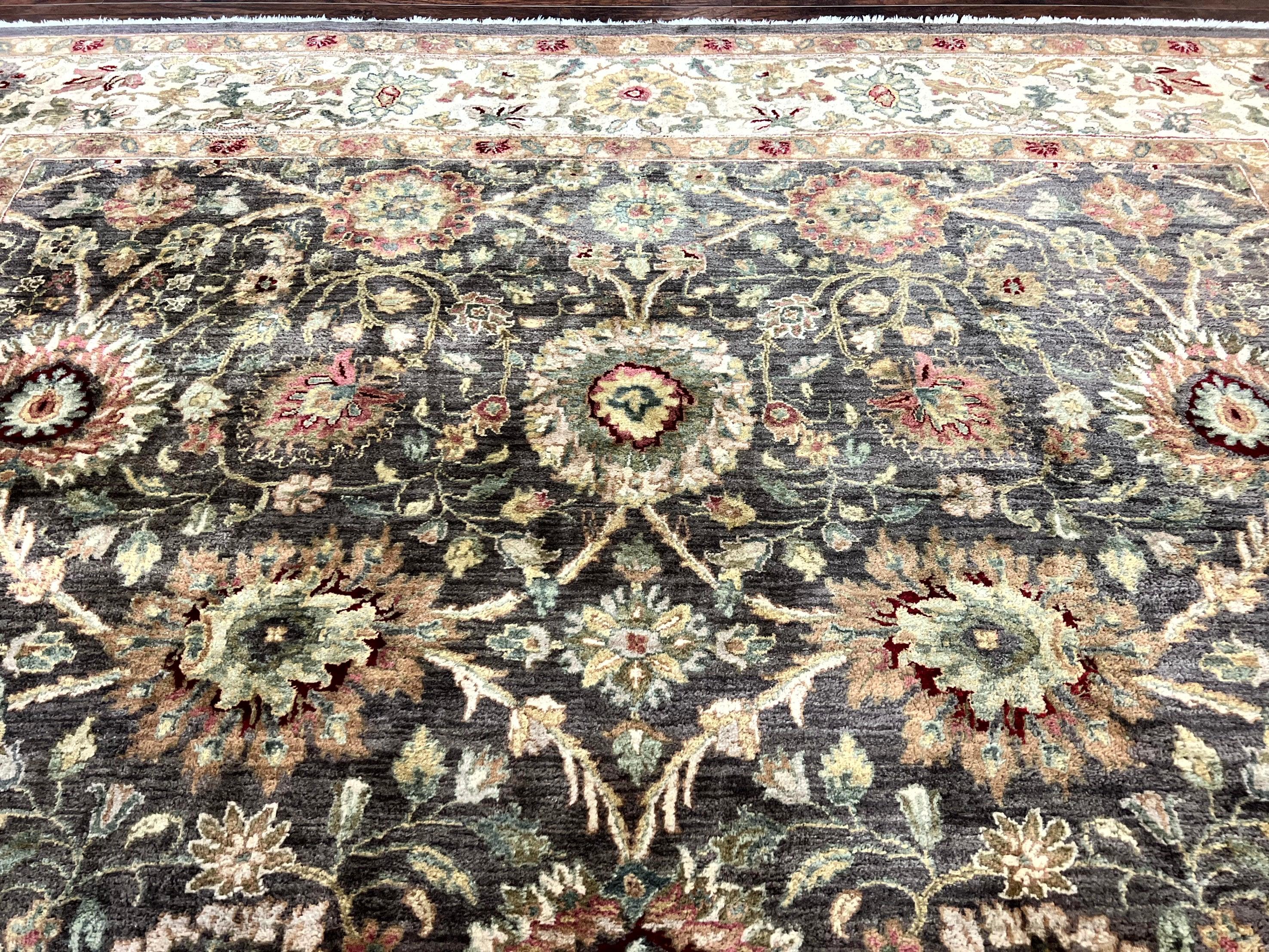 Indo Persian Rug 10x14, Indian Mahal Carpet, Large Wool Hand Knotted Carpet, Traditional Rug, Floral Allover, Dark Brown - Jewel Rugs