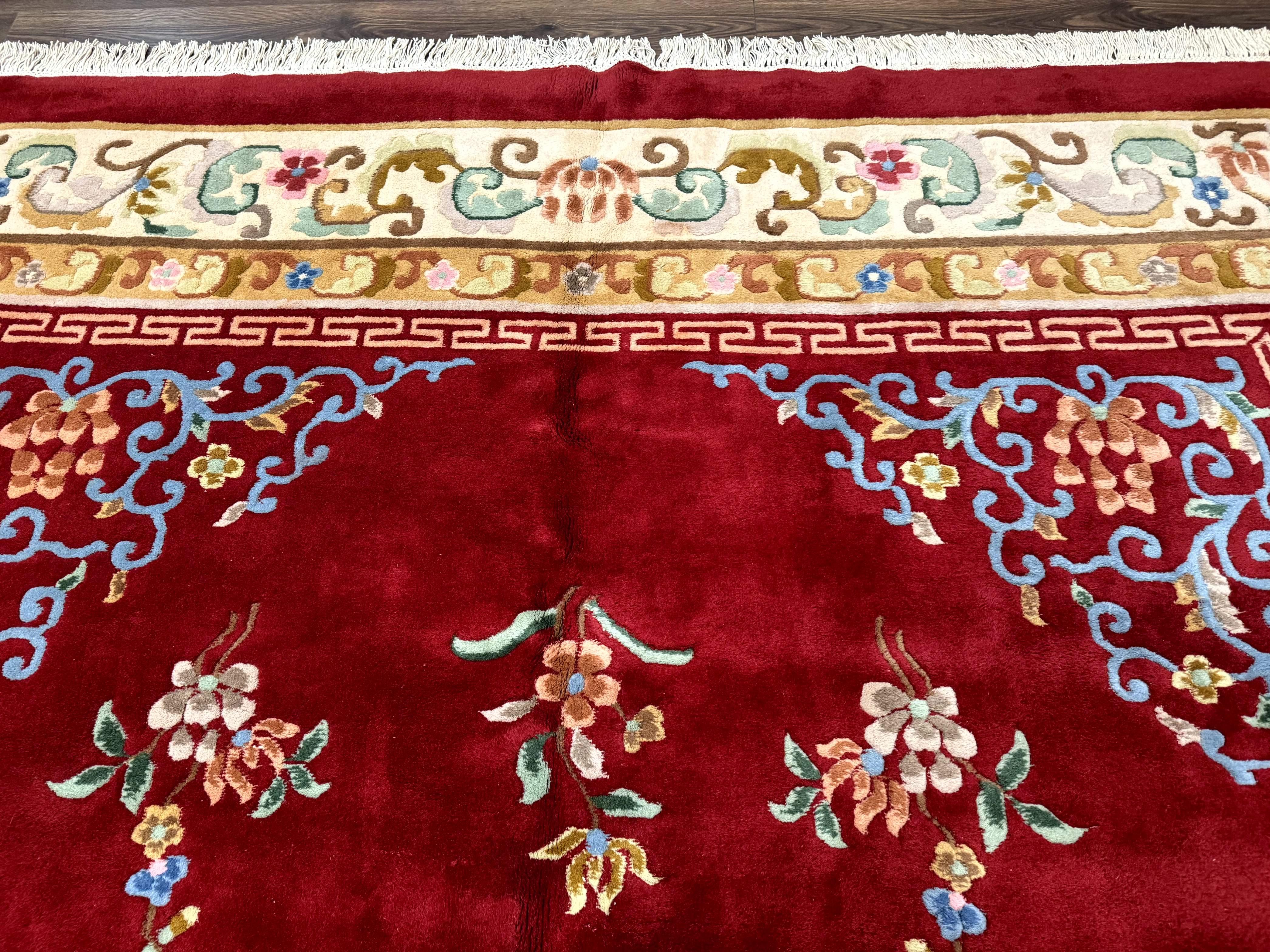 Indo Chinese Wool Rug 9x12, Red Art Deco Carpet, Vintage - Jewel Rugs