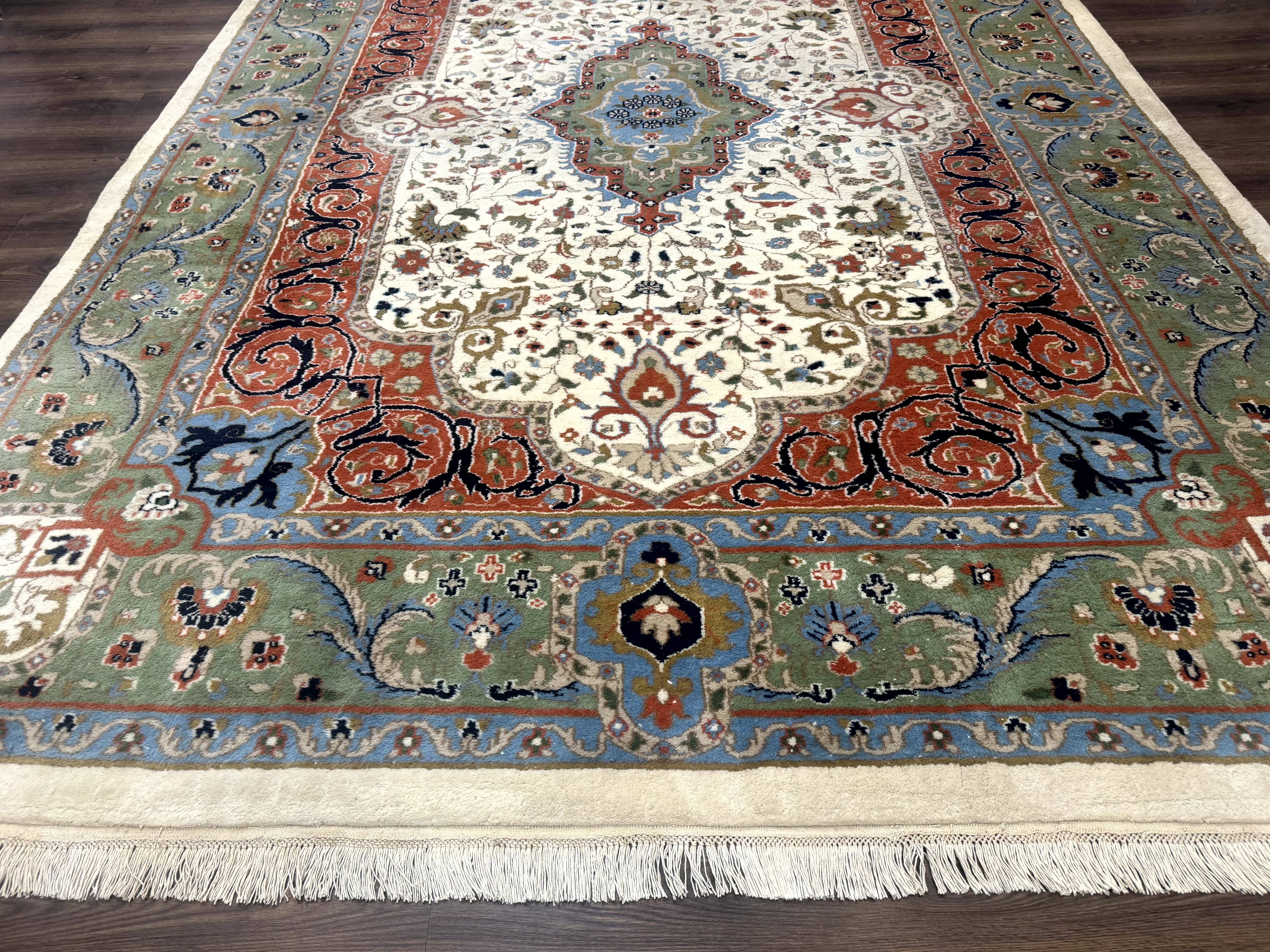 Indo Persian Rug 9x12, Ivory Red Green, Traditional Oriental Carpet - Jewel Rugs