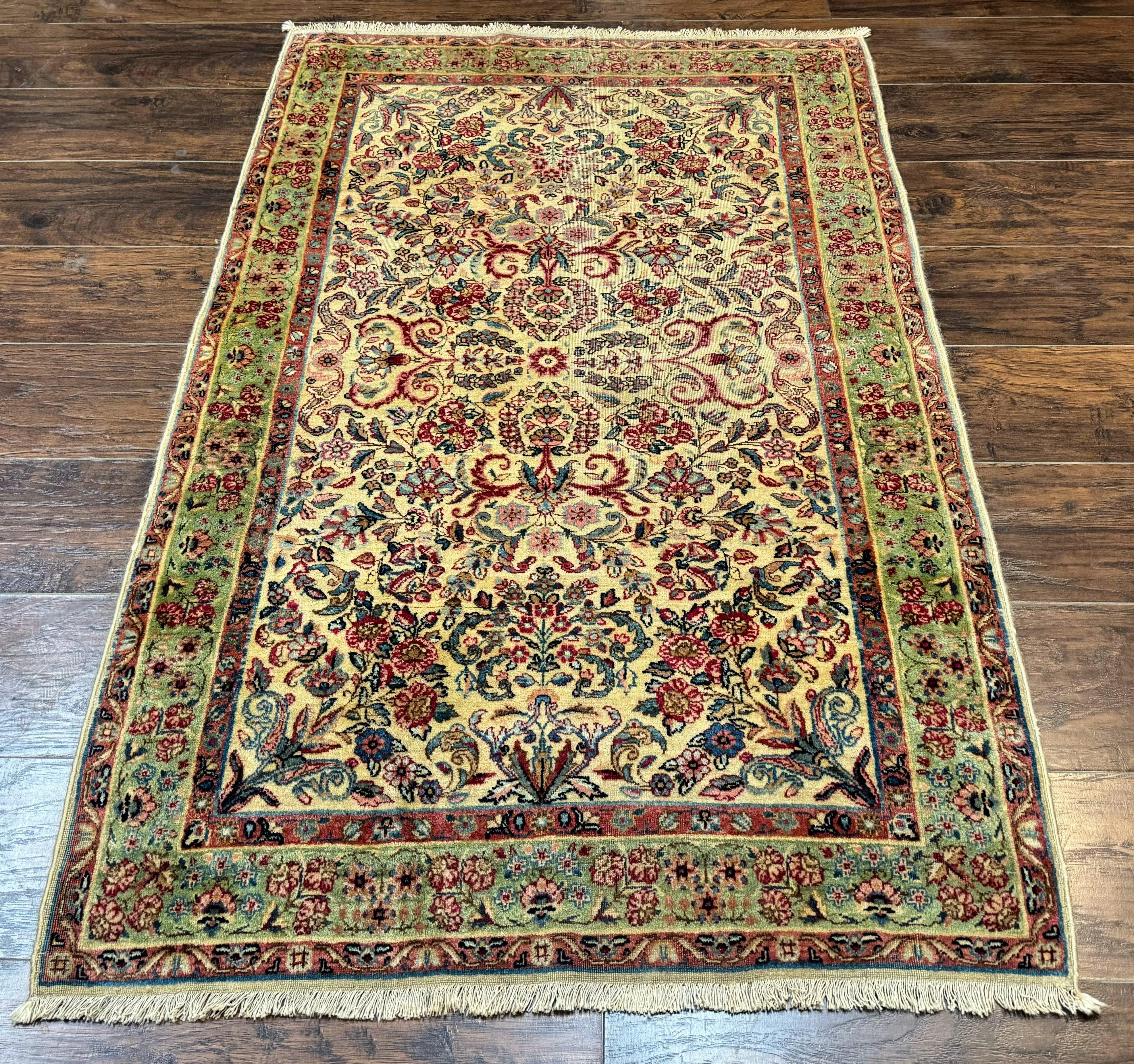 Antique Persian Kerman Rug 3x5, Floral Design, Cream and Light Green - Jewel Rugs
