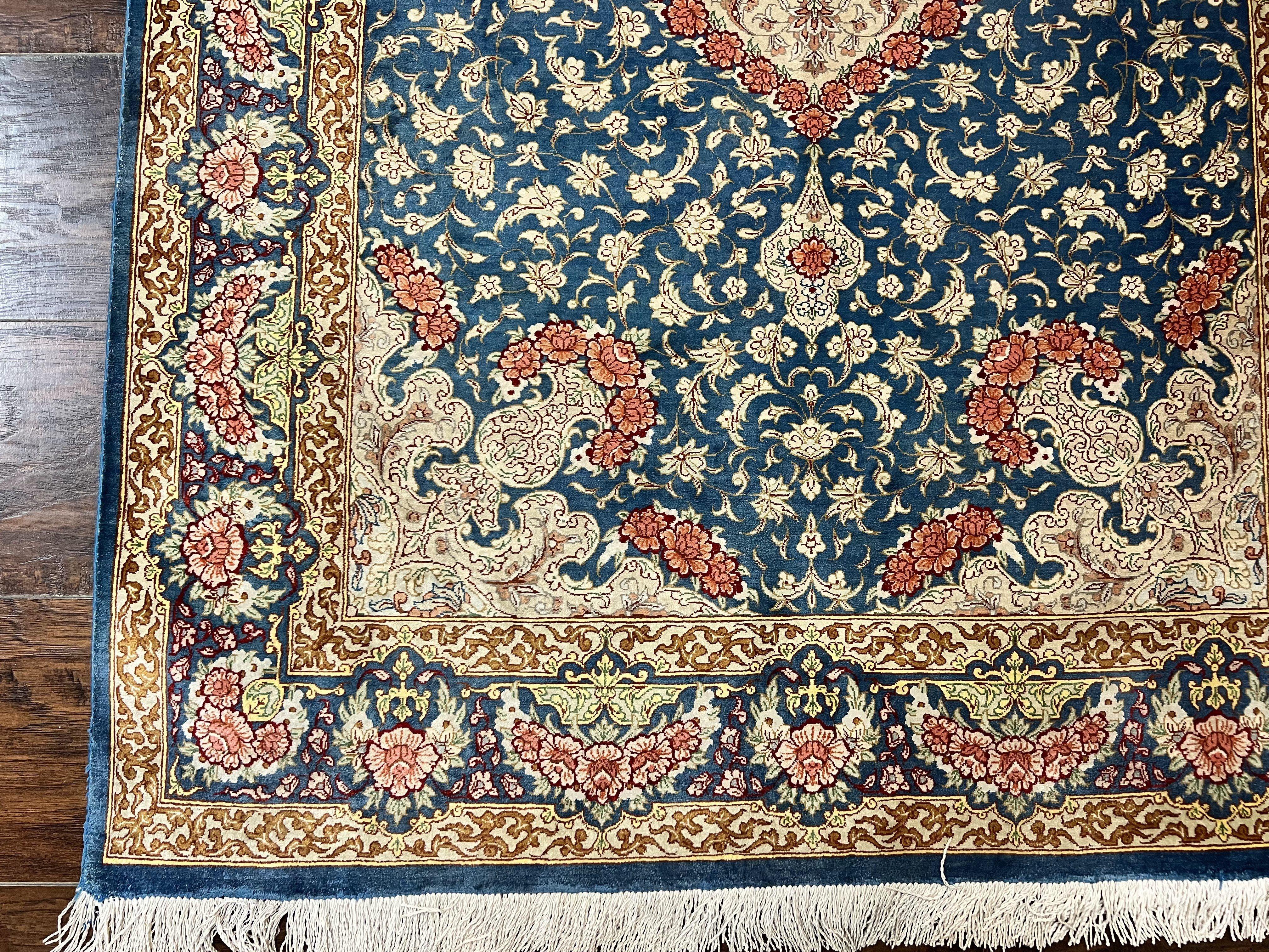 Magnificent Persian Qum Silk Rug 3x5, Blue, Super Fine 675 KPSI - 70 Raj, Floral Roses, Handmade Vintage Silk Carpet, Masterpiece - Jewel Rugs