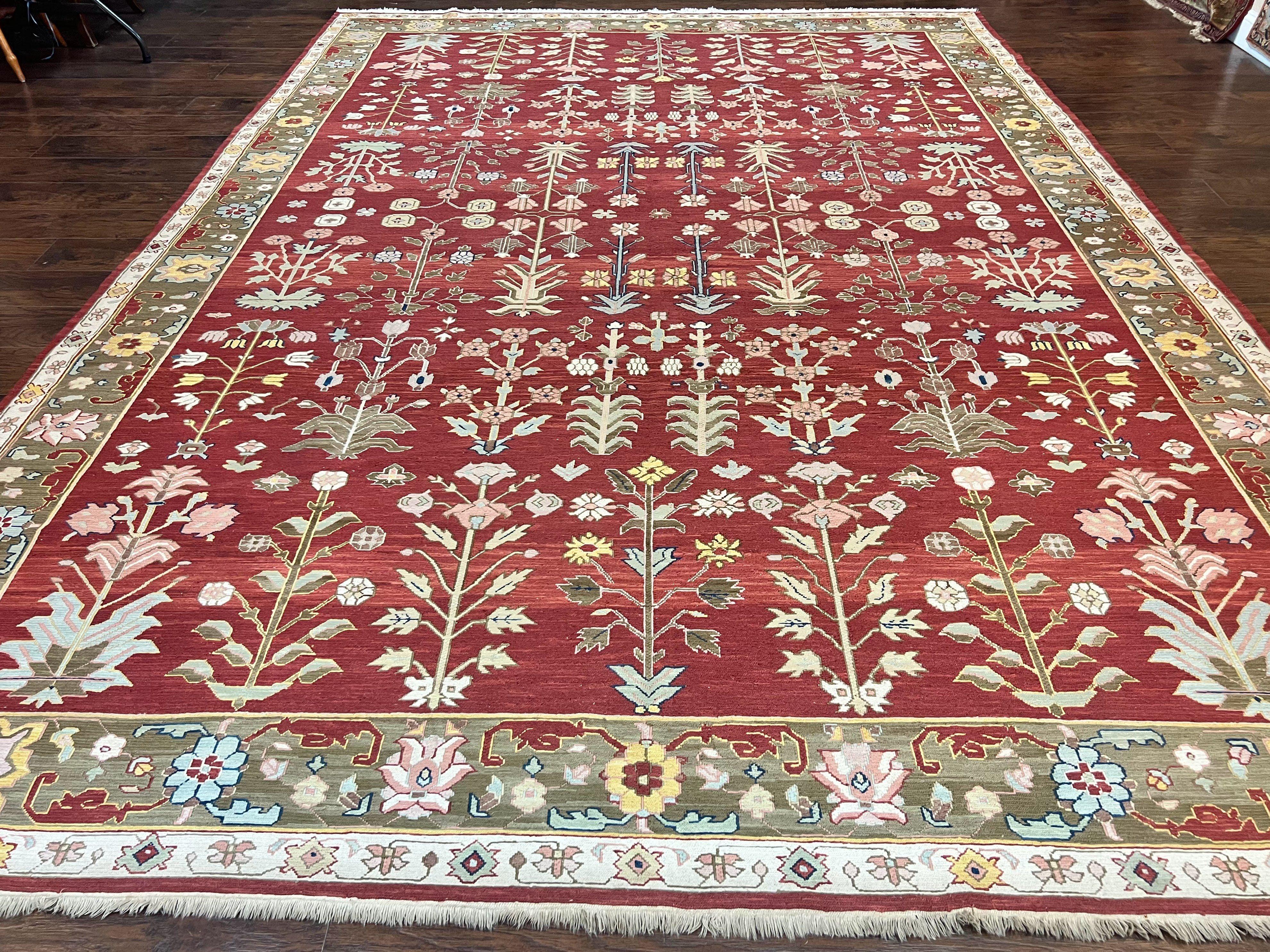 Indian Rug 10x14, Wool Hand Knotted Flatweave Carpet, Tree of Life, Red and Green - Jewel Rugs