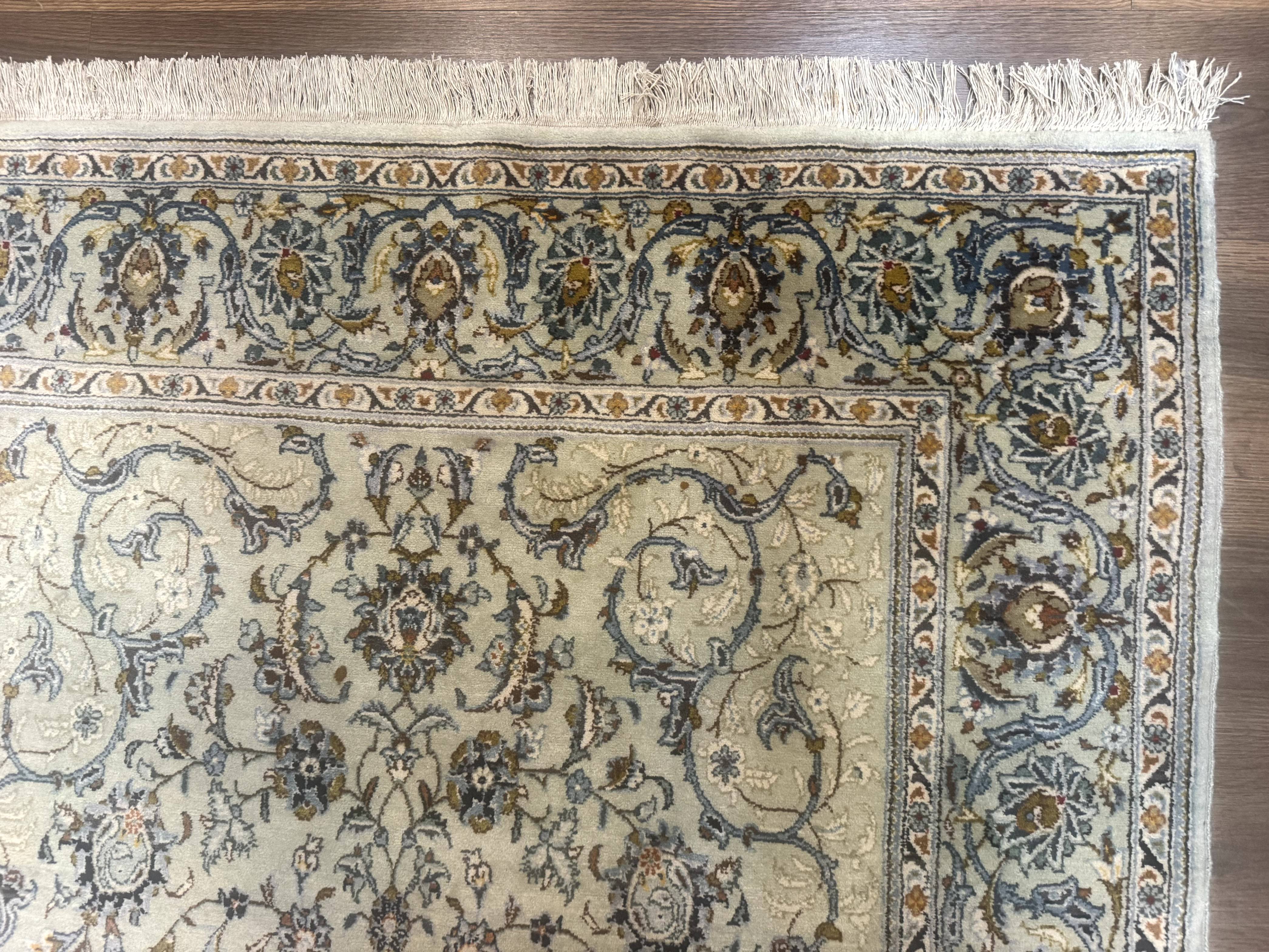 Persian Kashan Rug, Unique Colors, 225 KPSI, Light Green and Light Blue - Jewel Rugs