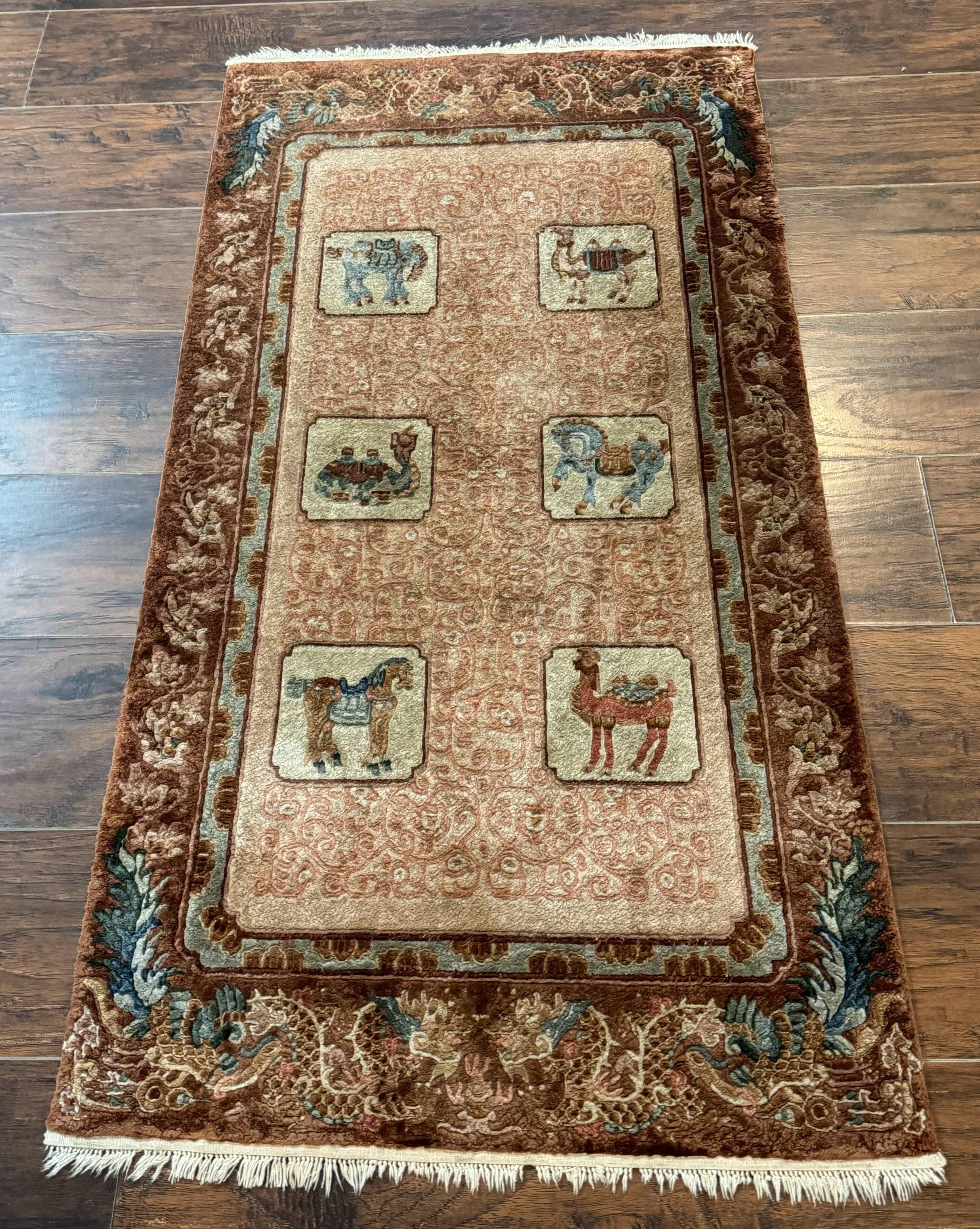 Silk Chinese Rug 2x4, Animal Pictorials Camel Horse Elephant, Fine 200 KPSI - Jewel Rugs