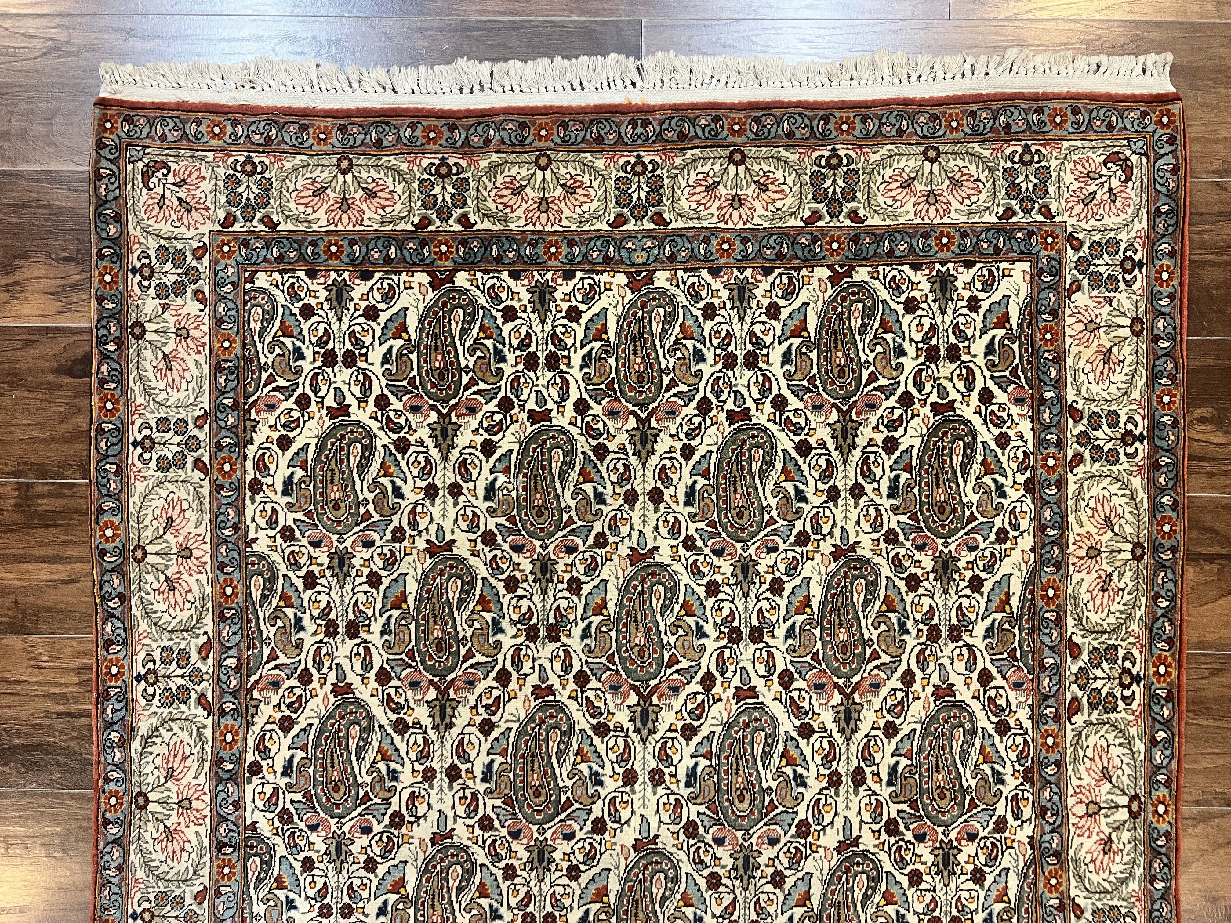 Persian Qum Rug 5x6, Cream Wool Hand Knotted Carpet, Repeated Boteh Paisely Design, Semi Antique Vintage Rug, Very Fine Weave 5 x 6 Rug - Jewel Rugs