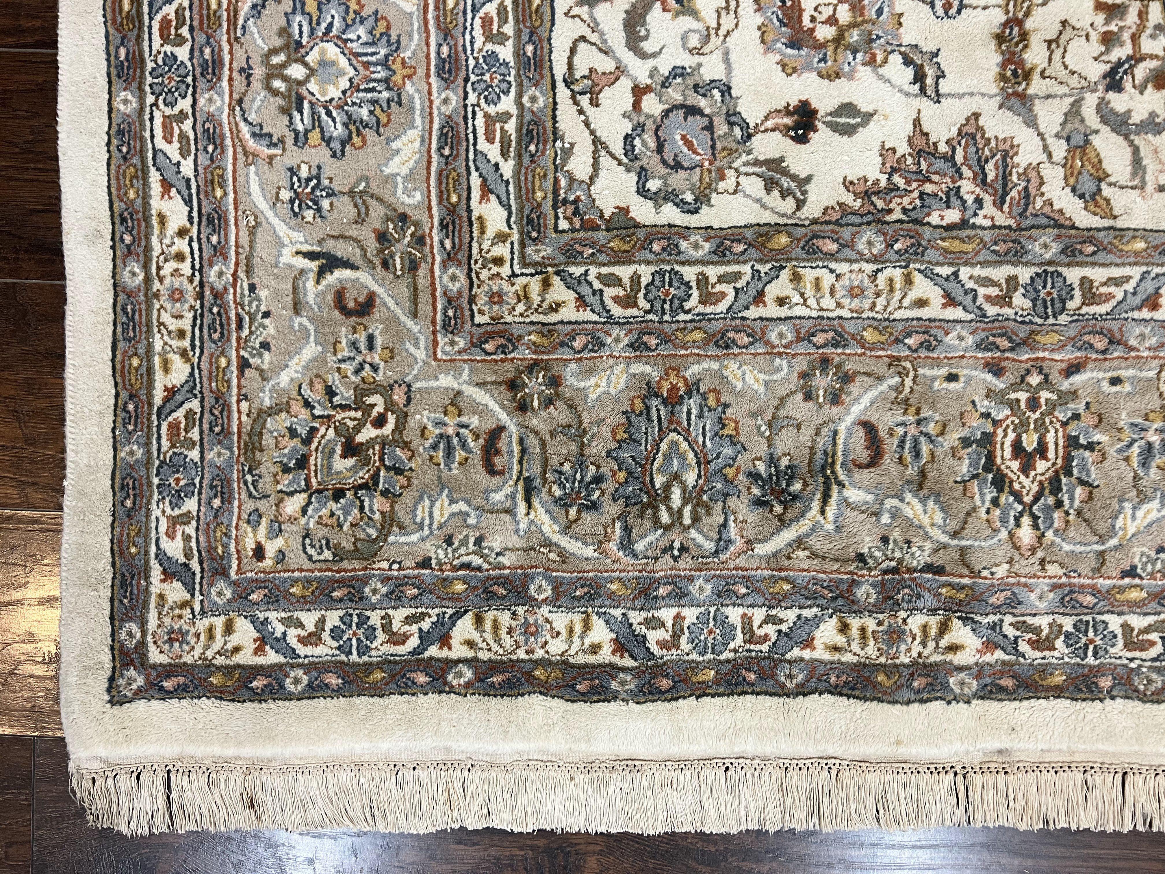 Indo Persian Rug 8x10, Floral Allover, Ivory and Gray, Handmade Vintage Wool Carpet - Jewel Rugs