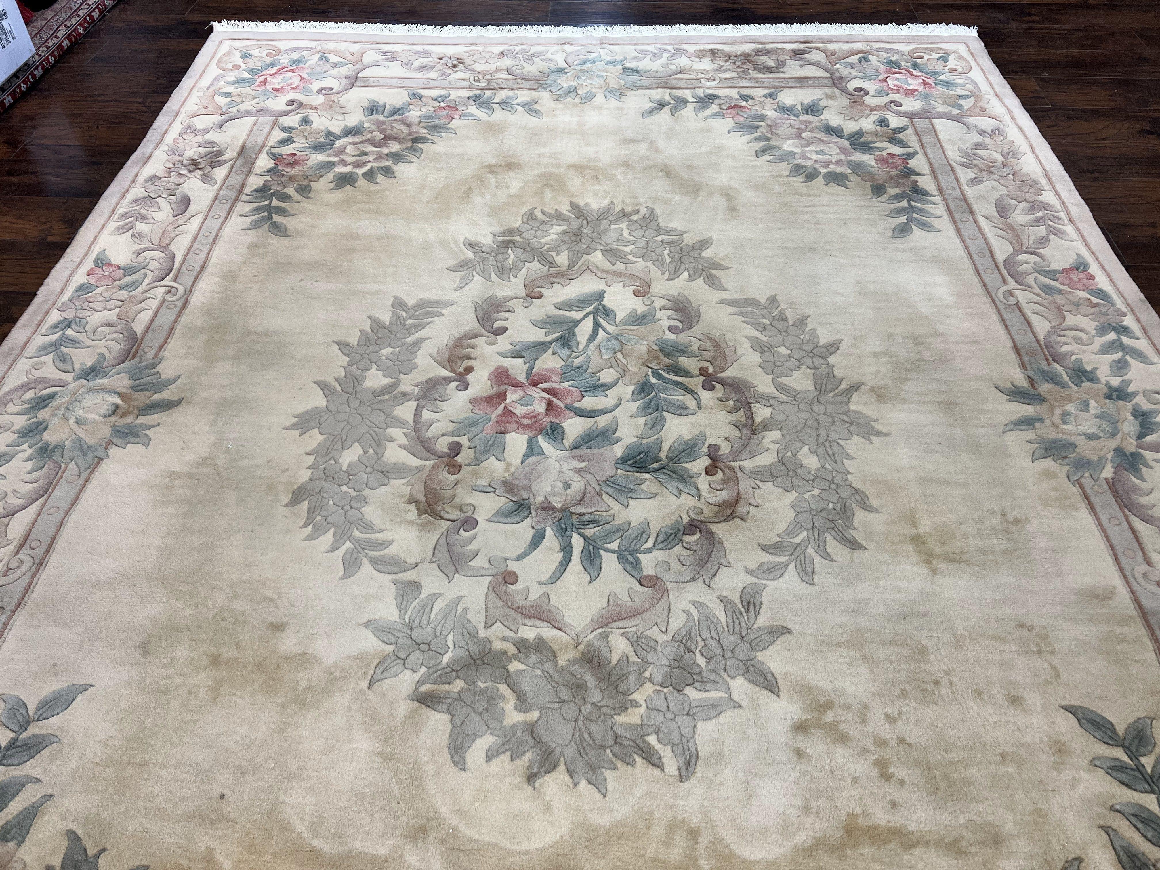 Chinese 90 Line Rug 9x12 ft, Vintage 1960s Chinese Wool Pile Aubusson Area Rug 9 x 12 ft, Tientsin Asian Oriental Rug, Floral - Jewel Rugs