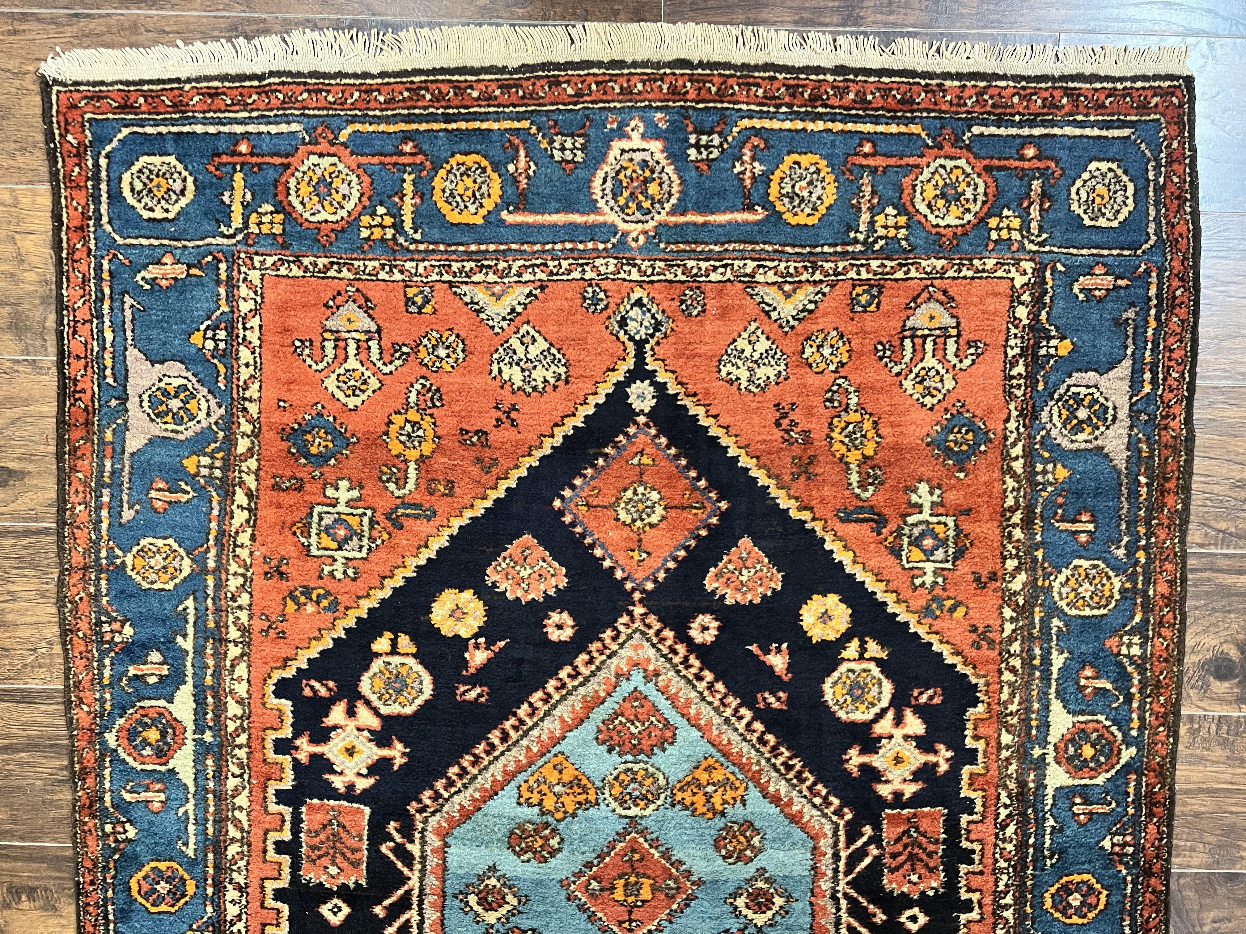 Antique Persian Hamadan Rug 4x6, Red Blue, Hand Knotted Carpet, Geometric, Tribal Rug, Wool Rug 4 x 6 - Jewel Rugs