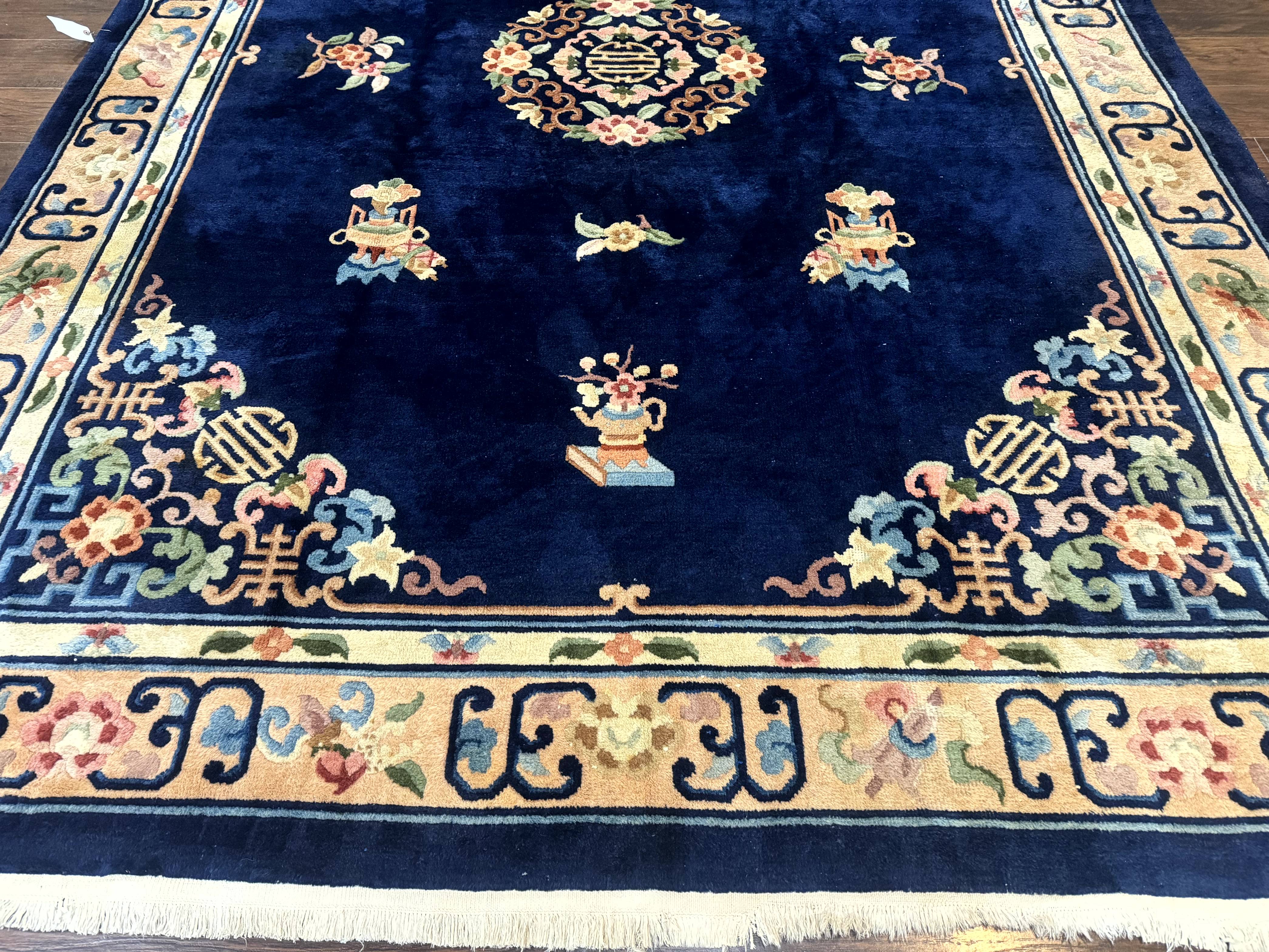 Chinese Wool Rug 8x11, Navy Blue and Beige, Simple Design, Fete Carpet - Jewel Rugs