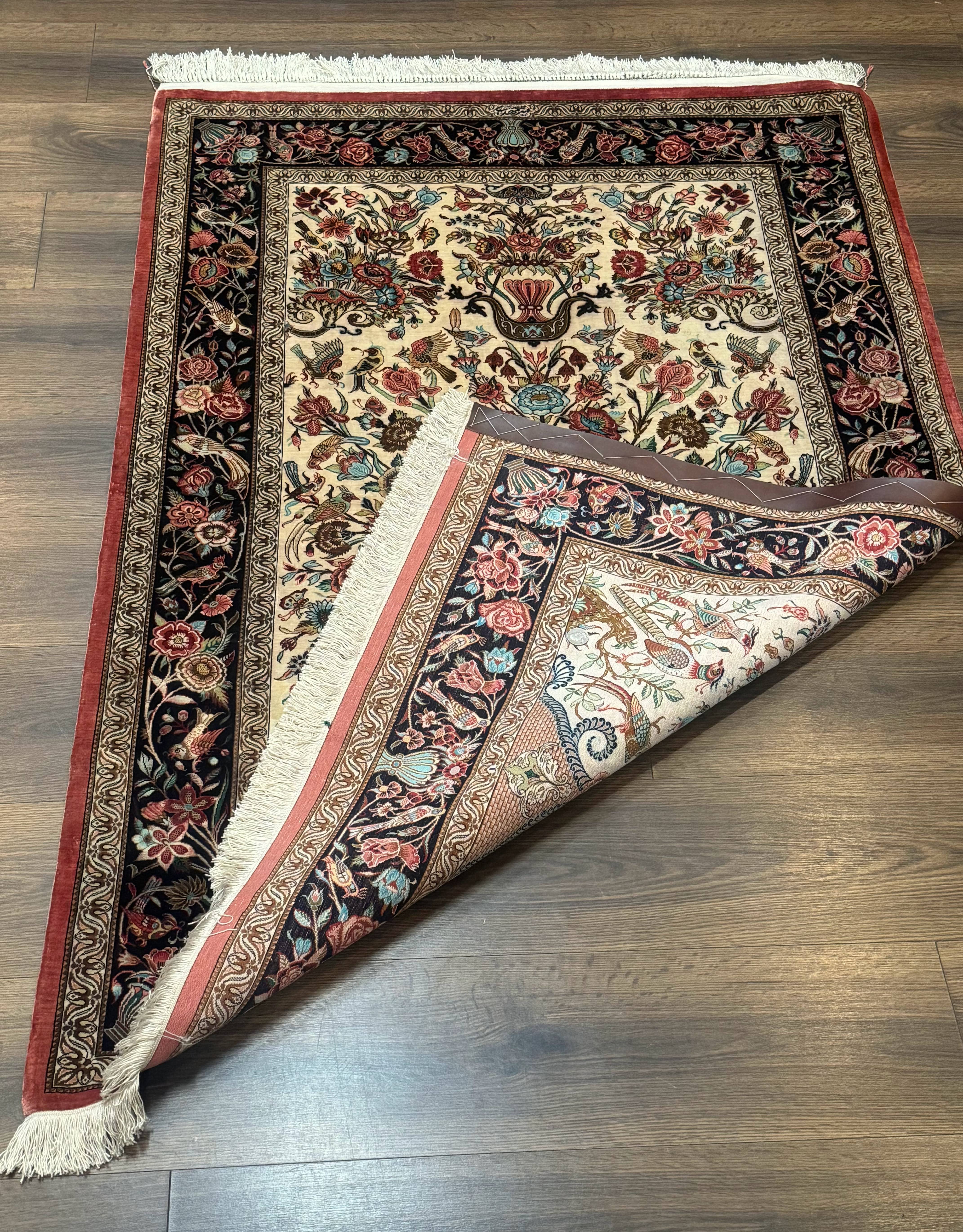 Marvelous Persian Qum Silk Rug 3x5, Exceptionally Fine 650 KPSI, Persian Vase & Birds, Signed Mir Mehdi, Rare - Jewel Rugs