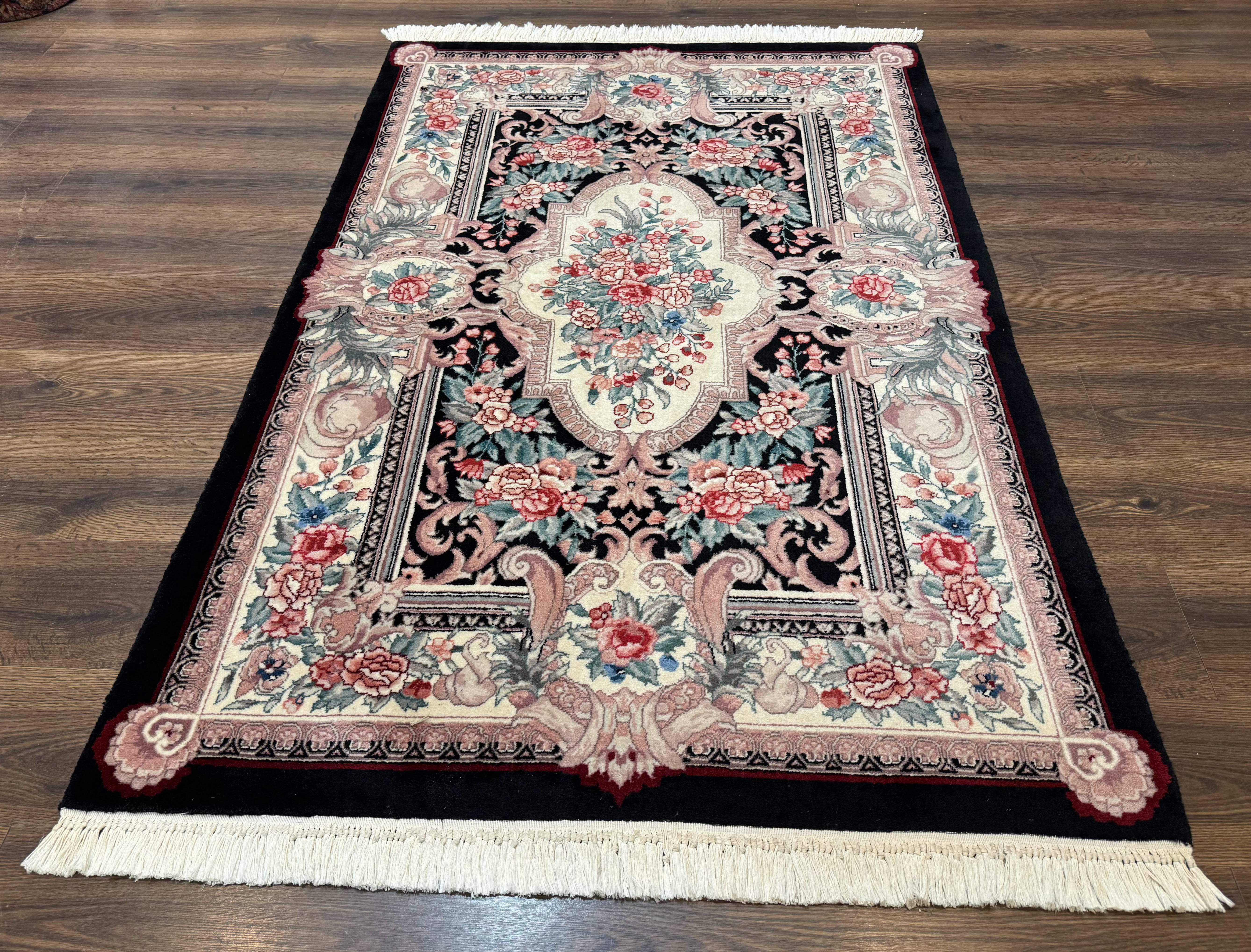 Aubusson Rug 4x6, Elegant European Floral Design, Black and Ivory, Fine 200 KPSI - Jewel Rugs