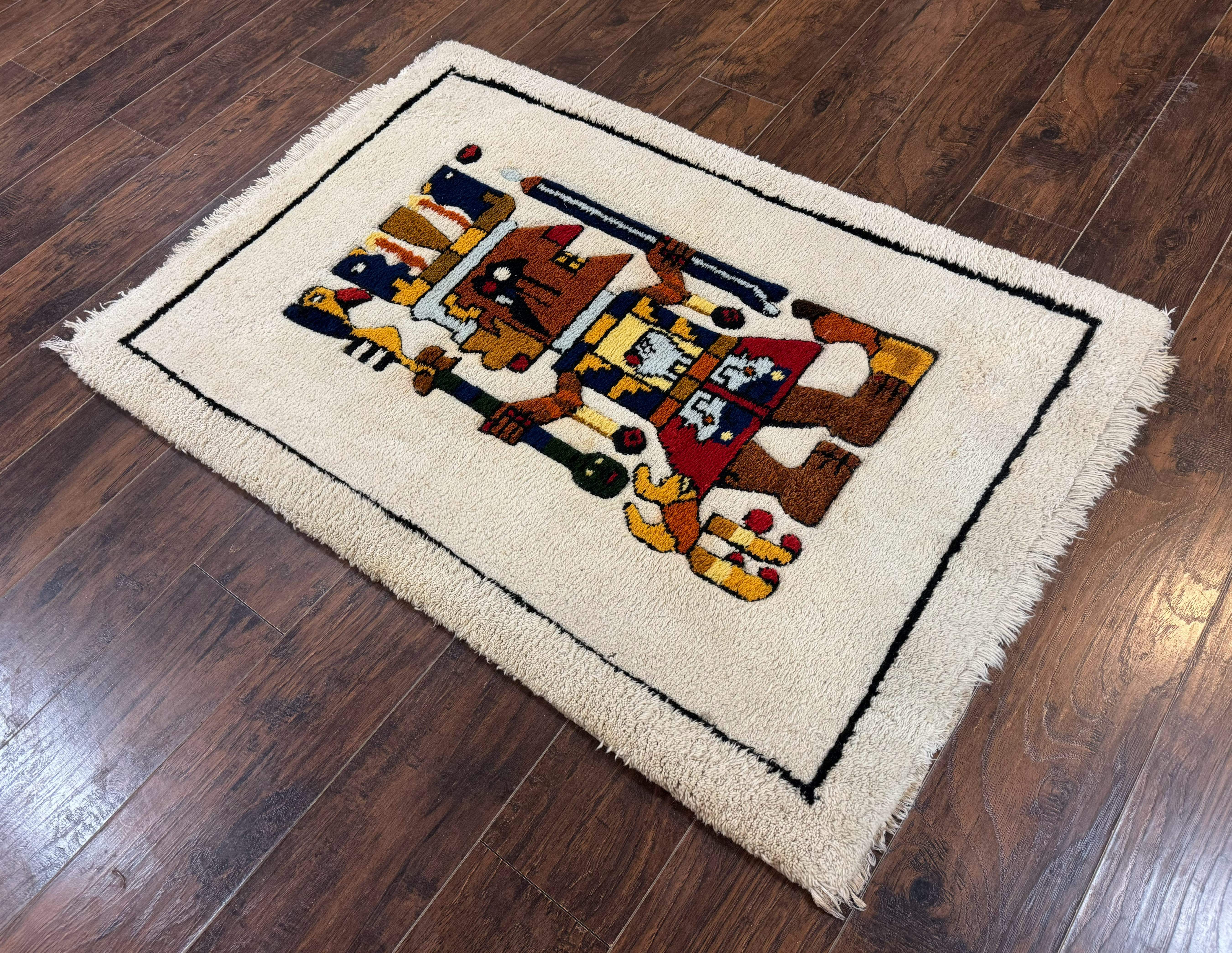 South American Shag Rug 3x5 – Ivory, Pictorial, Vintage Peruvian Native American Wool Rug - Jewel Rugs