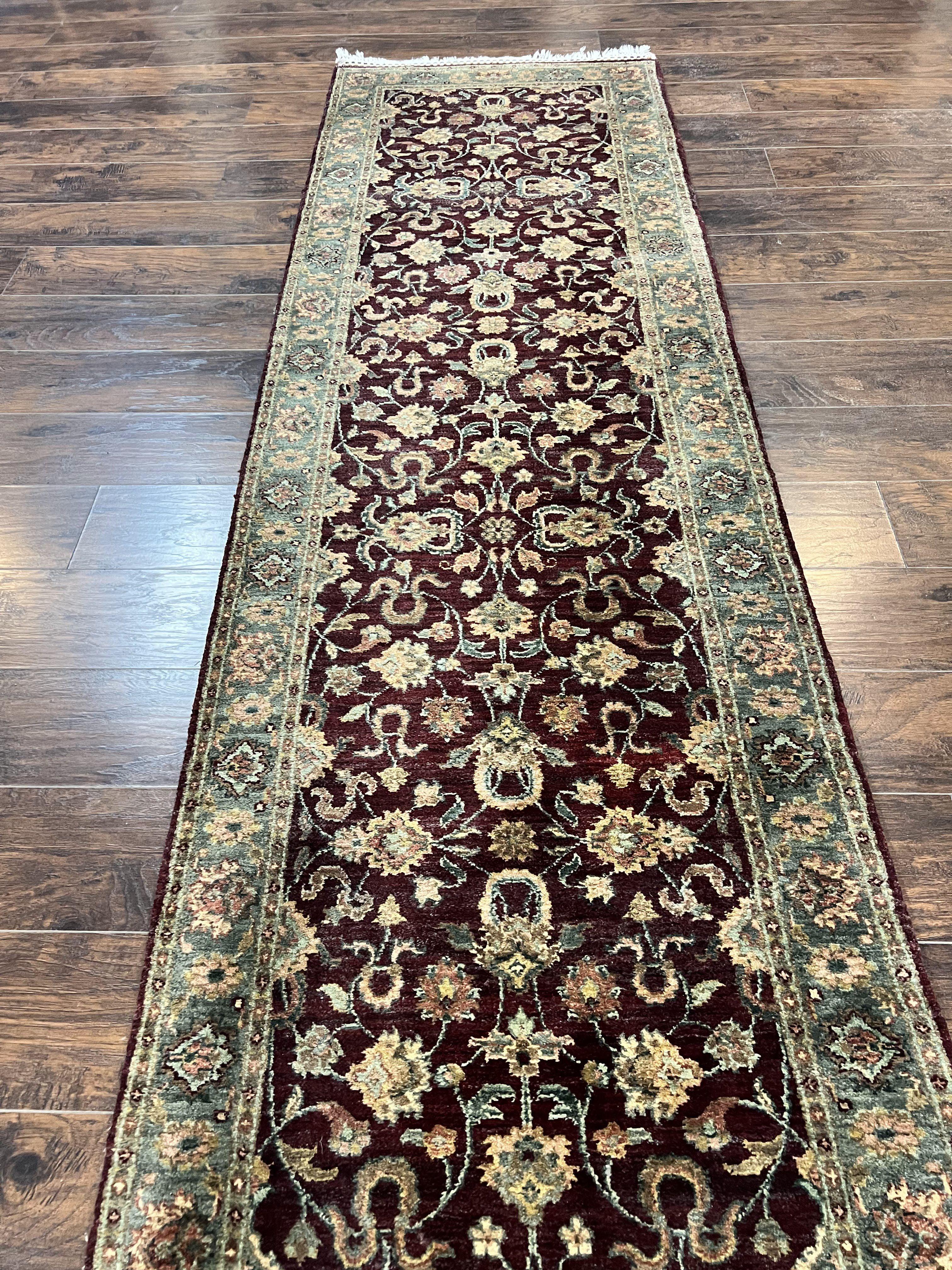 Indian Runner Rug 3x12, Indo Persian Runner for Hallway 3 x 12 ft, Dark Purple and Green, Floral Allover, Wool Handmade Vintage Traditional - Jewel Rugs