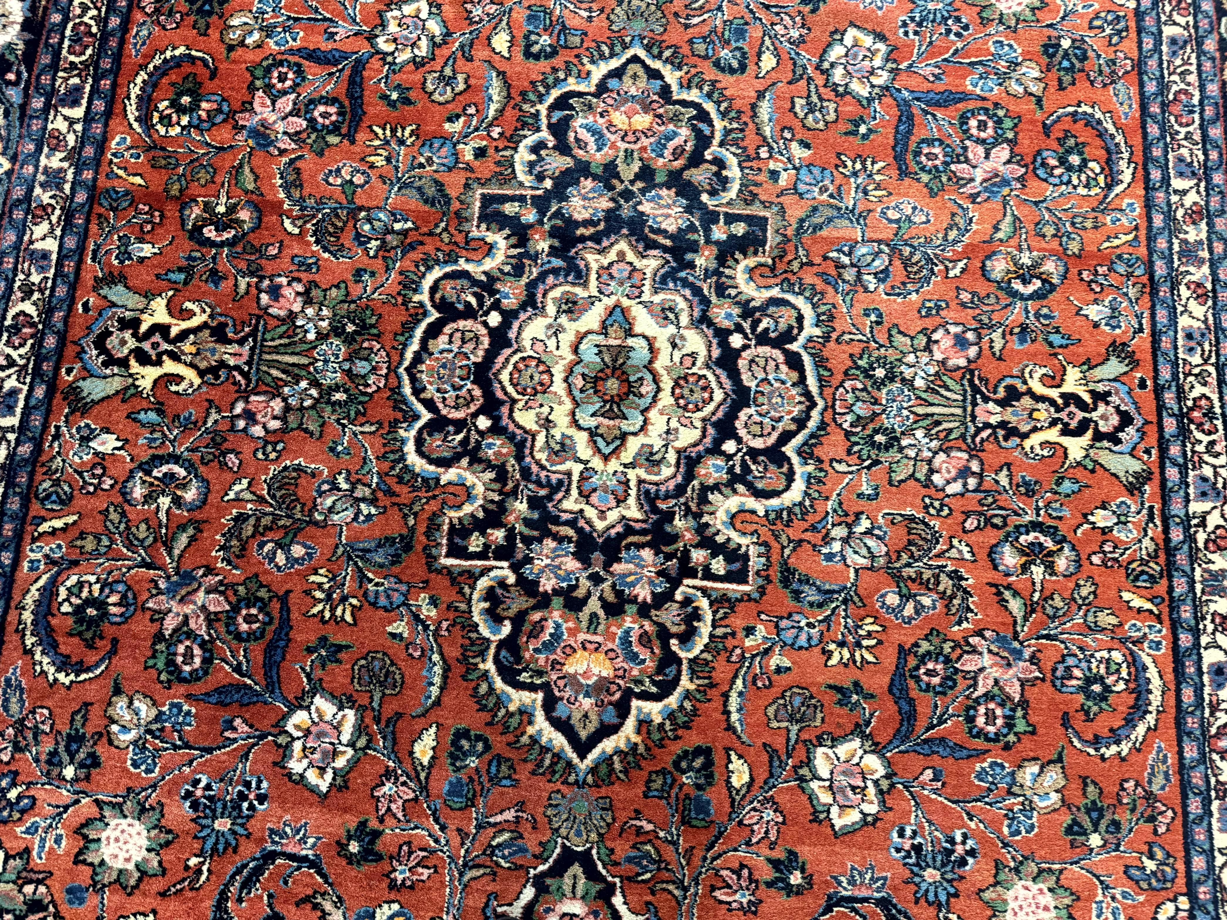Palace Sized Antique Persian Rug 9x19, Handmade Wool Persian Carpet, Red Navy Blue, Floral Medallion - Jewel Rugs