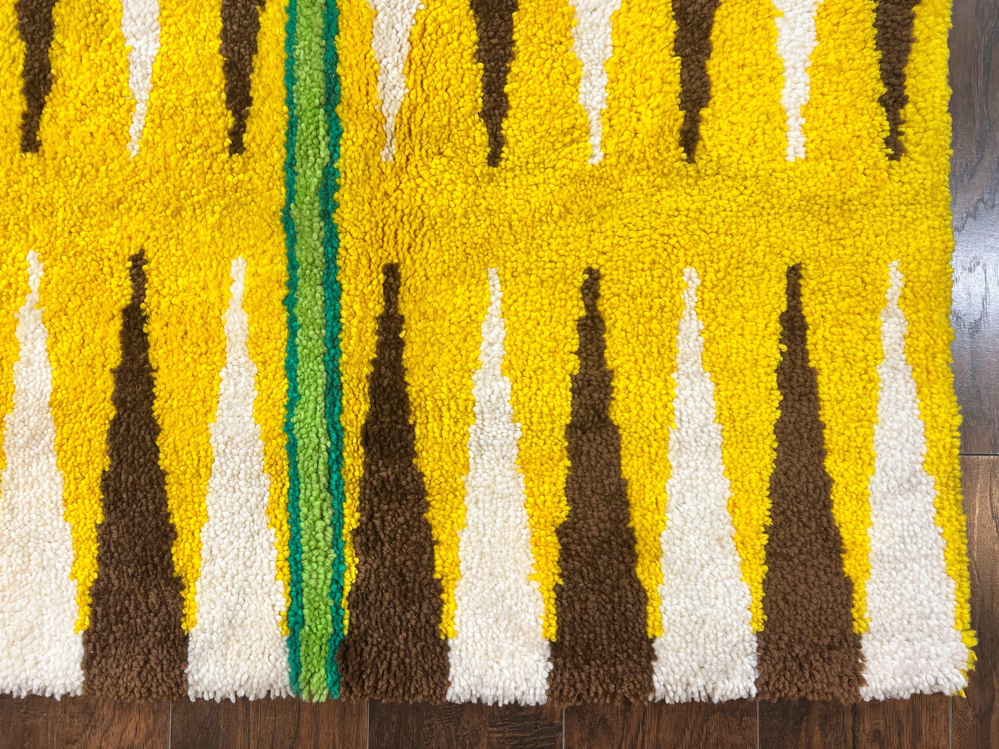 Danish Rya Rug 3x4, Vintage Mid Century Retro Rya Shag Rug, Stripes, Yellow Ivory Brown - Jewel Rugs