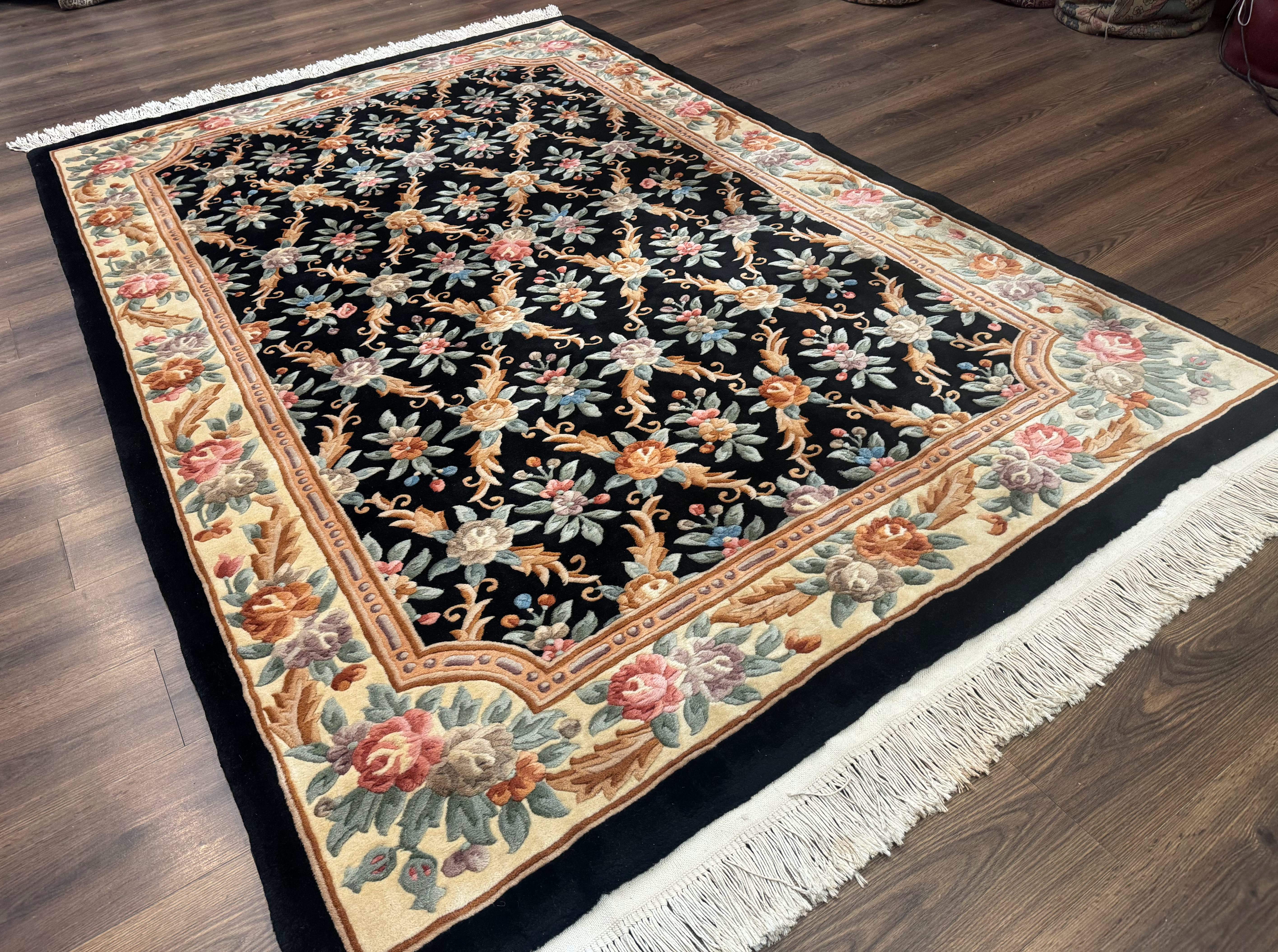 Chinese Wool Rug 6x9, Floral Aubusson Carpet, Black and Cream, 90 Line Rug - Jewel Rugs