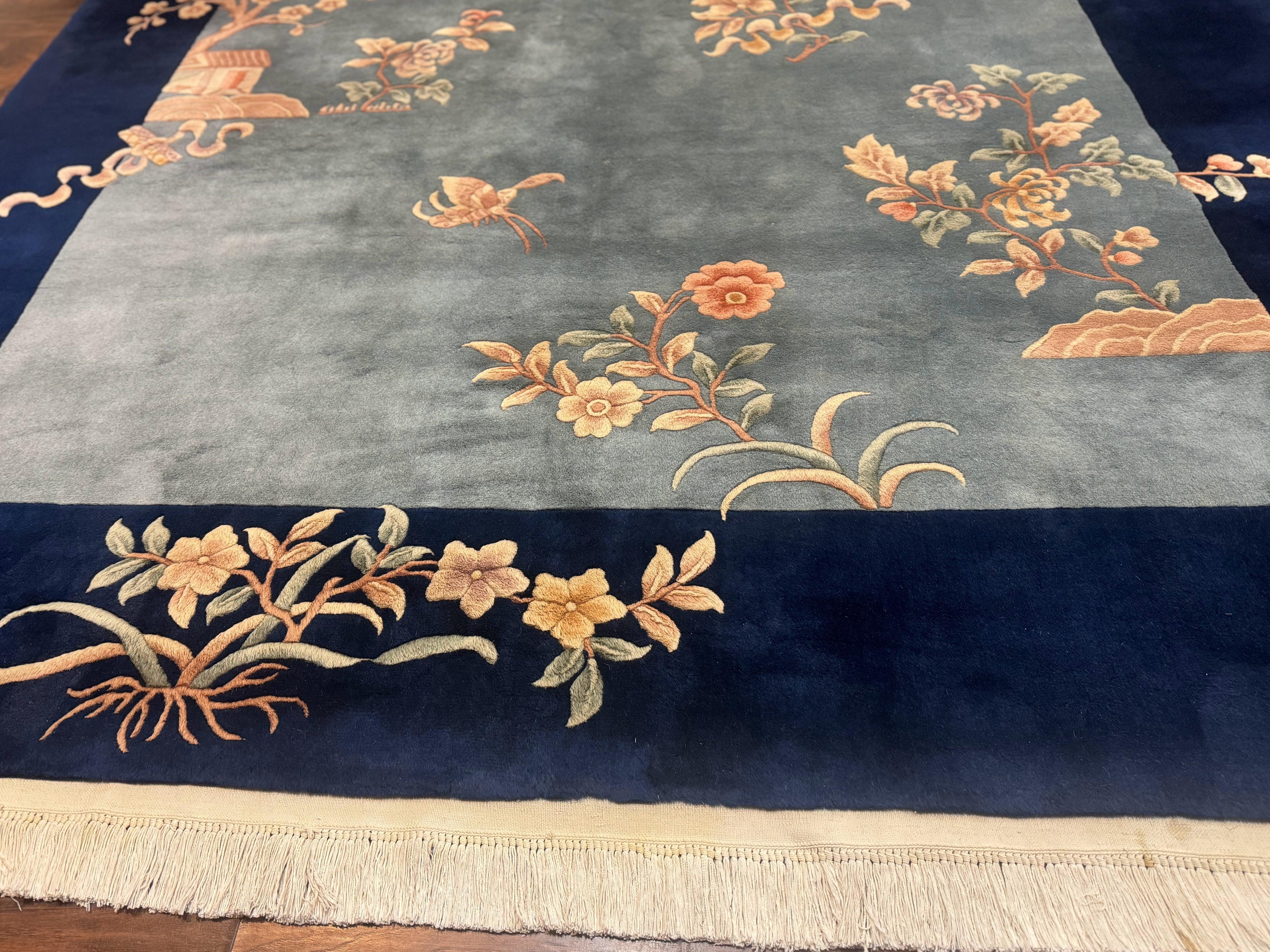 Blue Chinese Wool Rug 8 x 11.5, Open Field, Simple Design, Flowers, 90 Line Rug, Vintage Art Deco Carpet, Asian Oriental Rug - Jewel Rugs