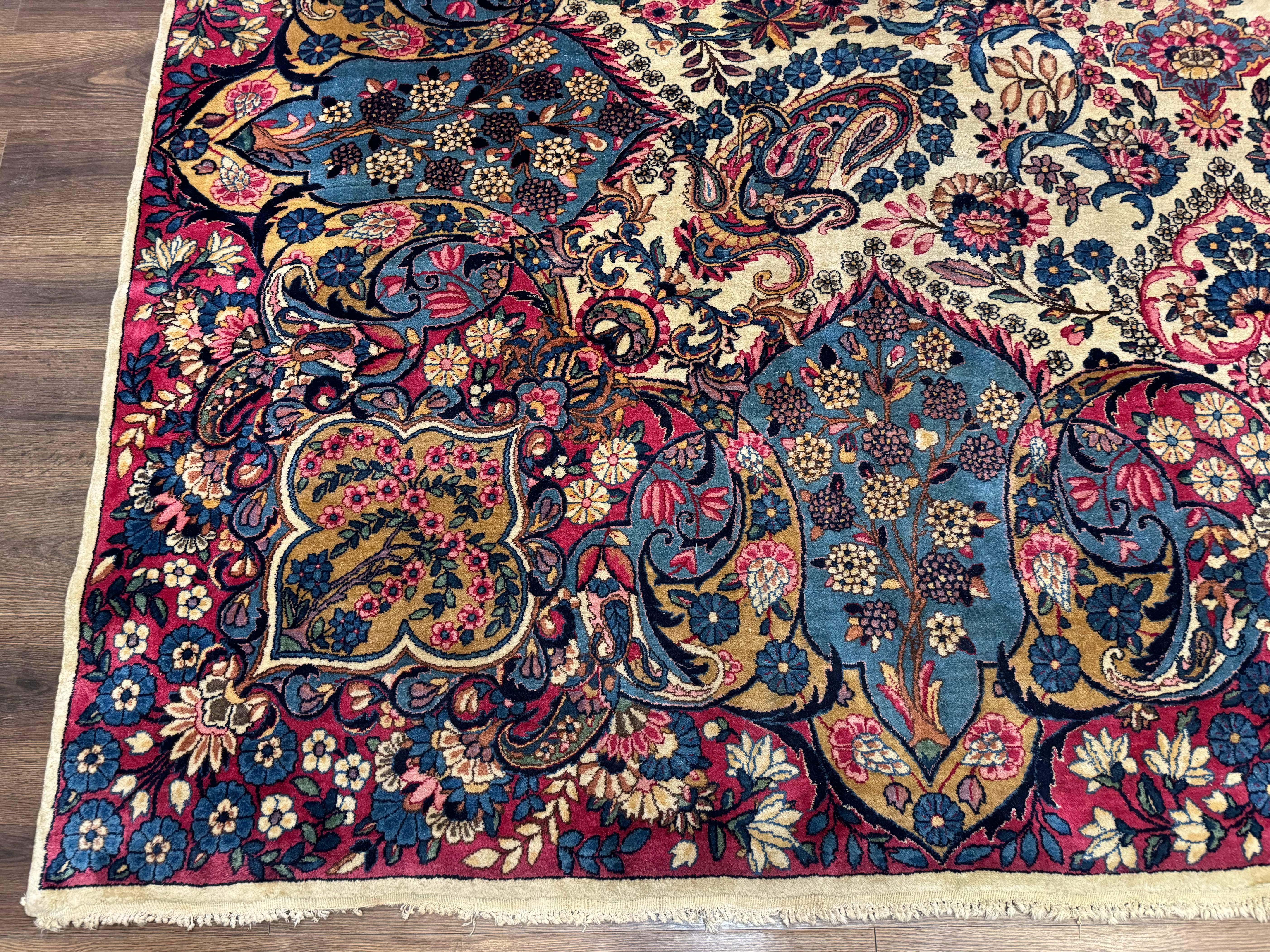 Wonderful Persian Kerman Rug 11x16, Rare Antique Palace Size Persian Carpet, Cream Blue Red, Colorful - Jewel Rugs