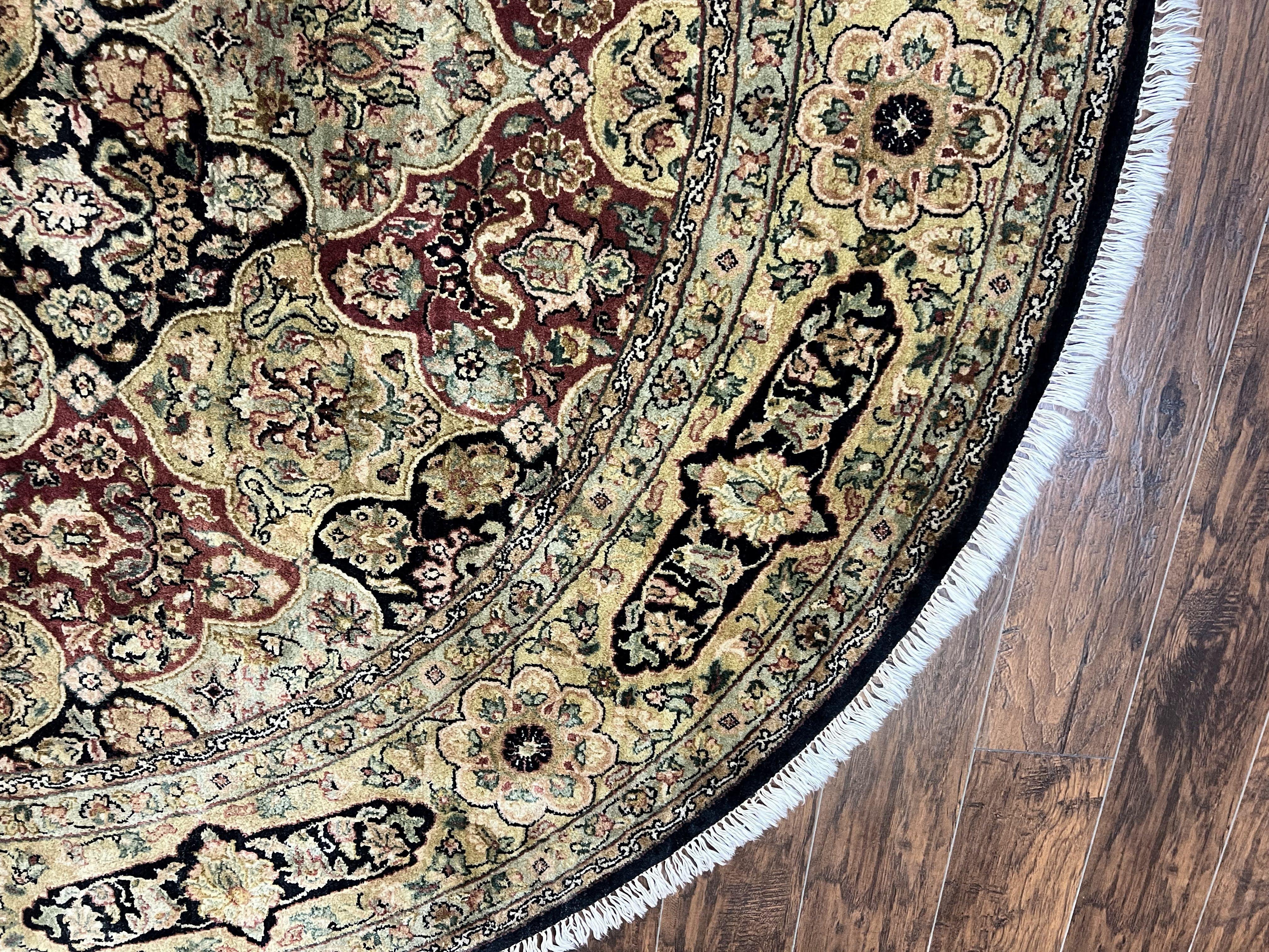 Indo Mahal Round Rug 9x9 ft, Large Circular Handmade Hand Knotted Area Rug, Red Midnight Blue Beige Wool Indian Oriental Carpet, Traditional - Jewel Rugs
