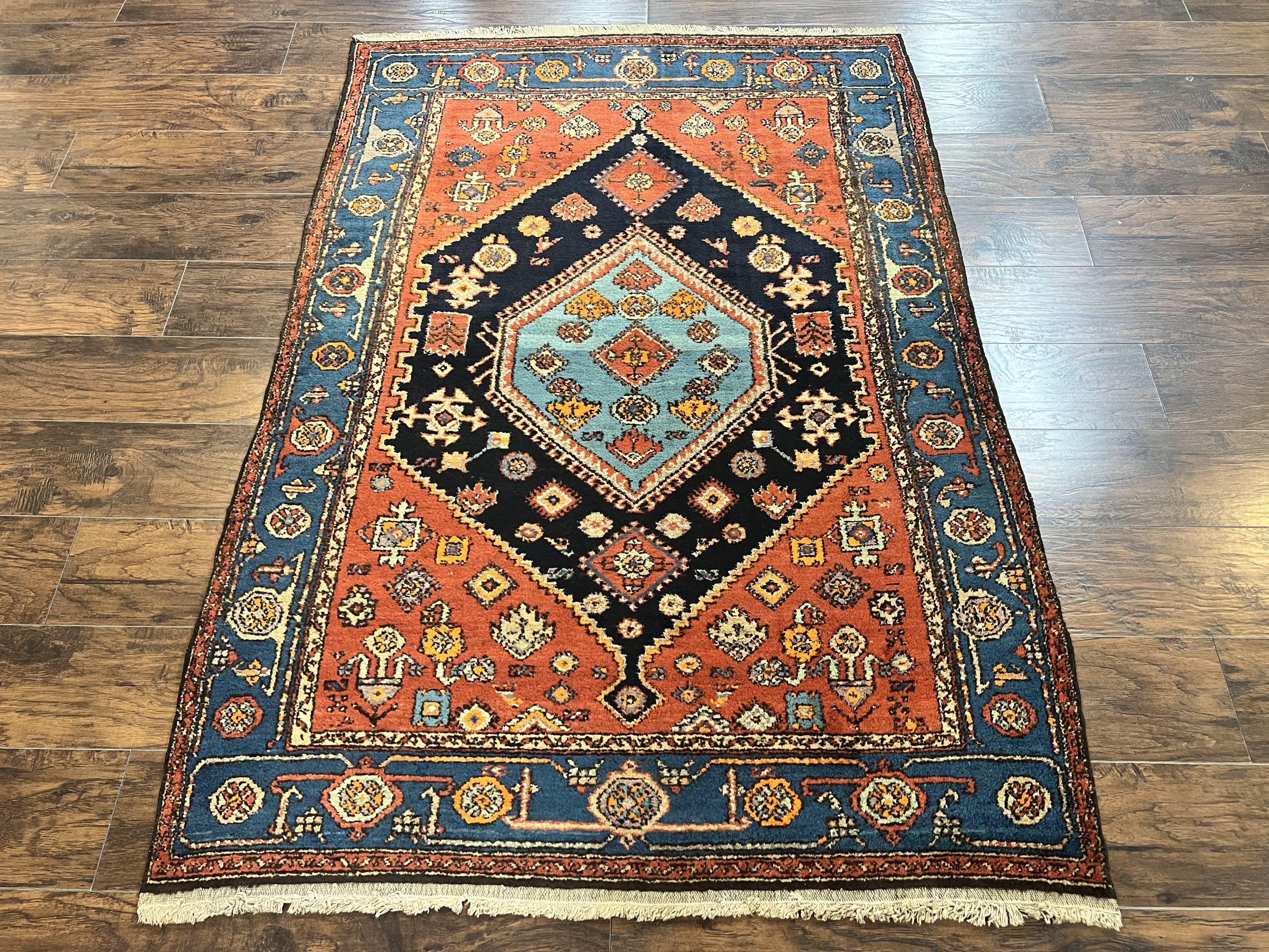Antique Persian Hamadan Rug 4x6, Red Blue, Hand Knotted Carpet, Geometric, Tribal Rug, Wool Rug 4 x 6 - Jewel Rugs