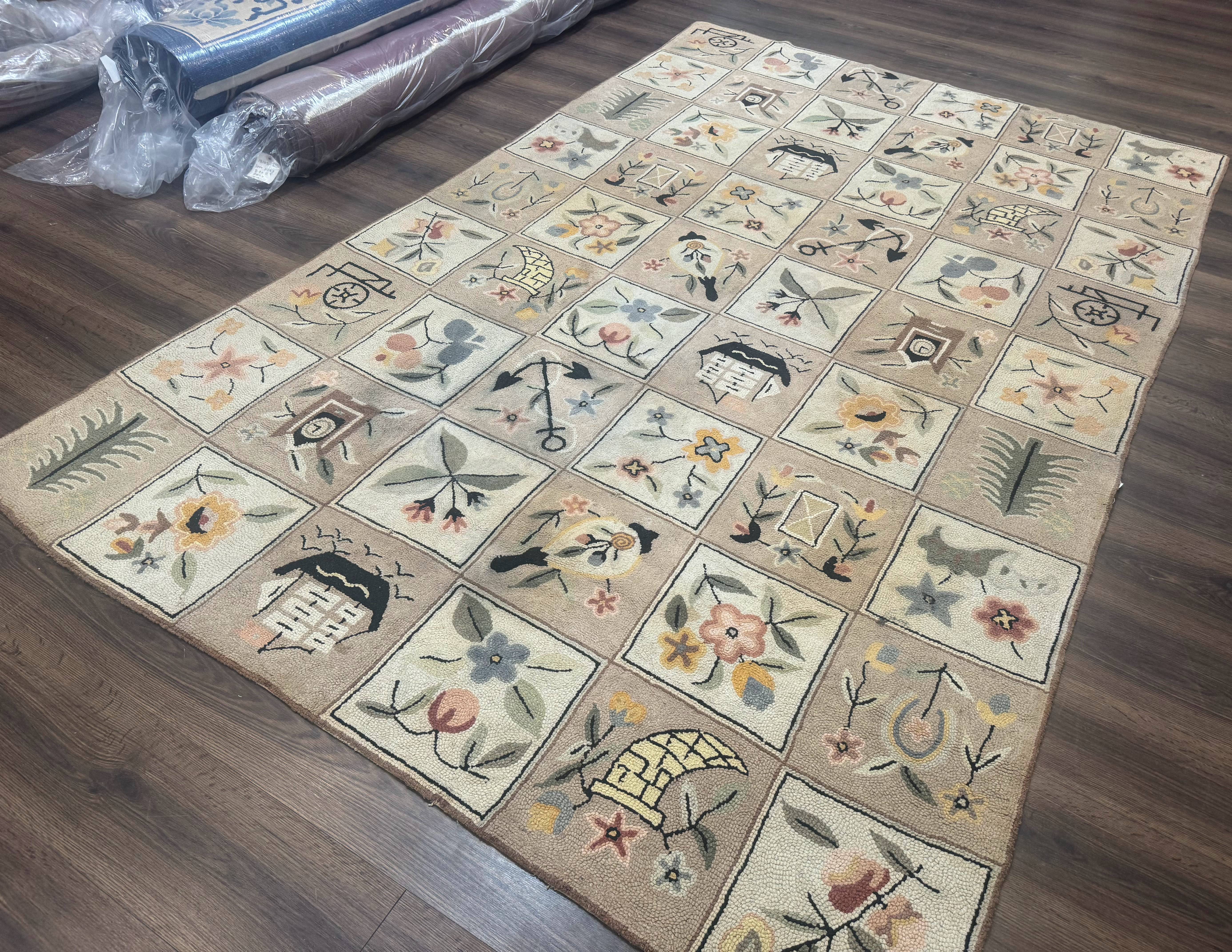 American Hooked Rug 6x9, Panel Design, Vintage, Ivory & Soft Pink - Jewel Rugs