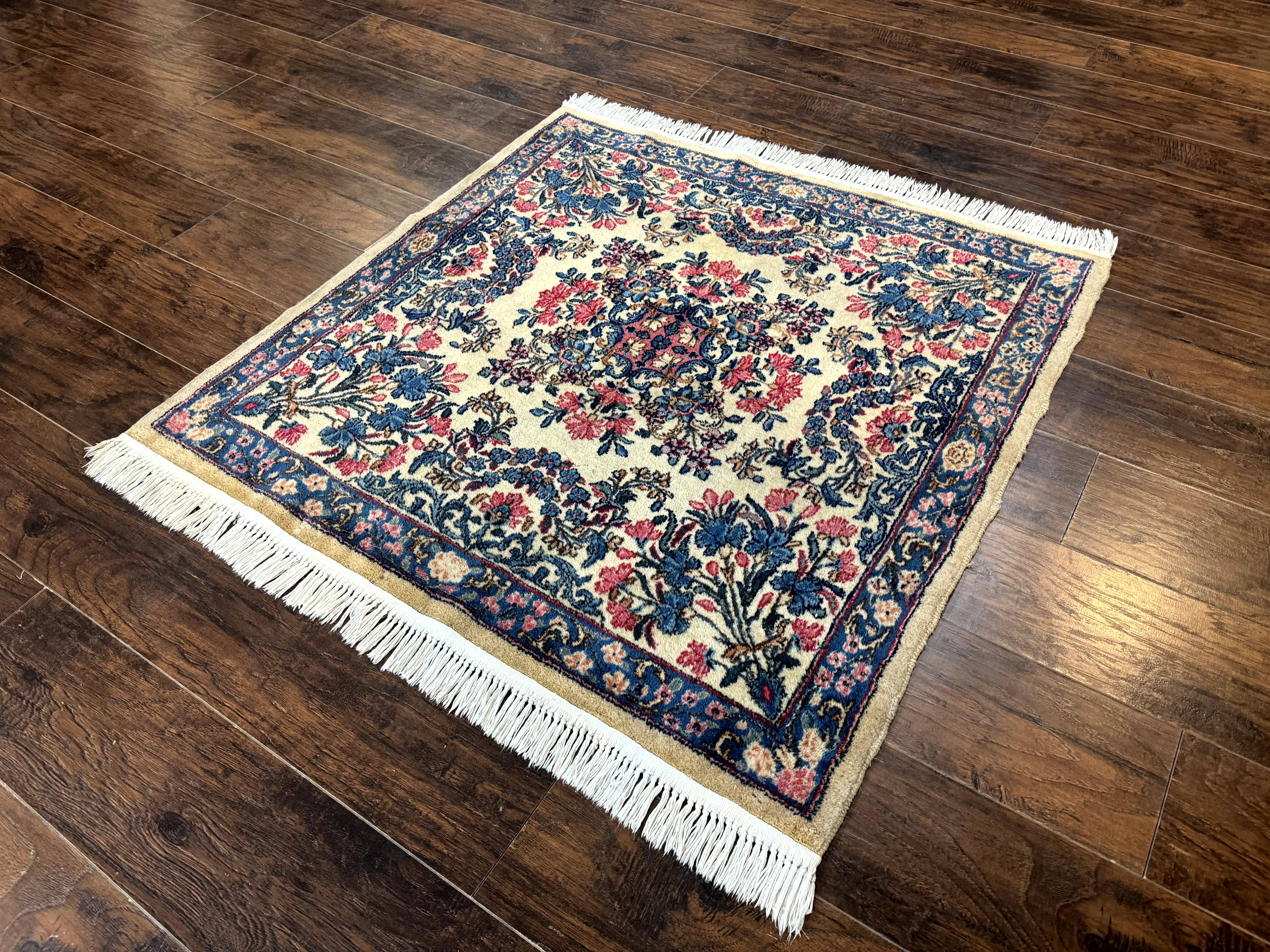 Square Persian Kerman Rug 4x4, Ivory Blue Pink, Handmade, Fine 225 KPSI - Jewel Rugs