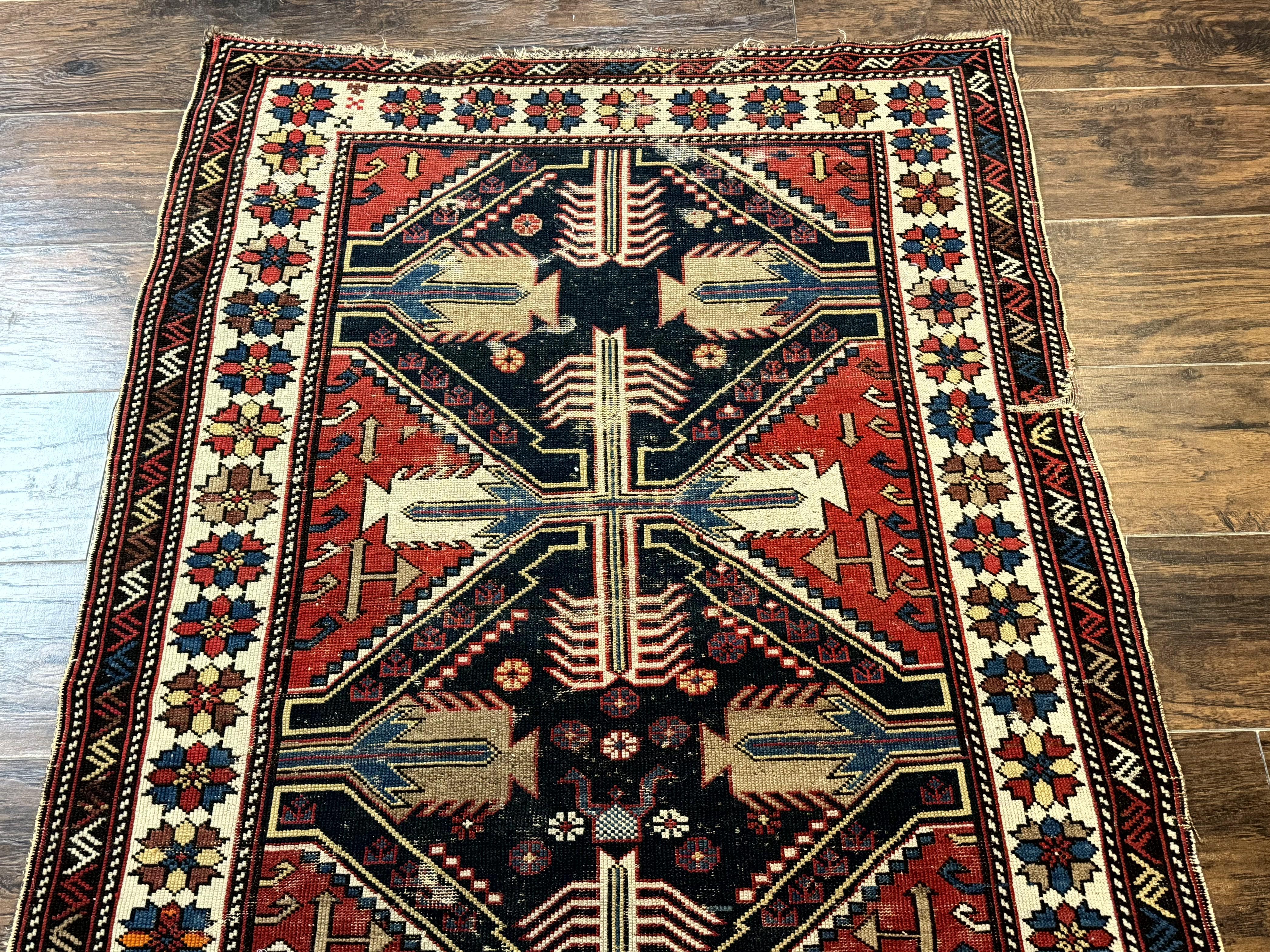 Antique Shirvan Caucasian Rug 3x5, Geometric Pattern, Red Navy Blue Beige - Jewel Rugs