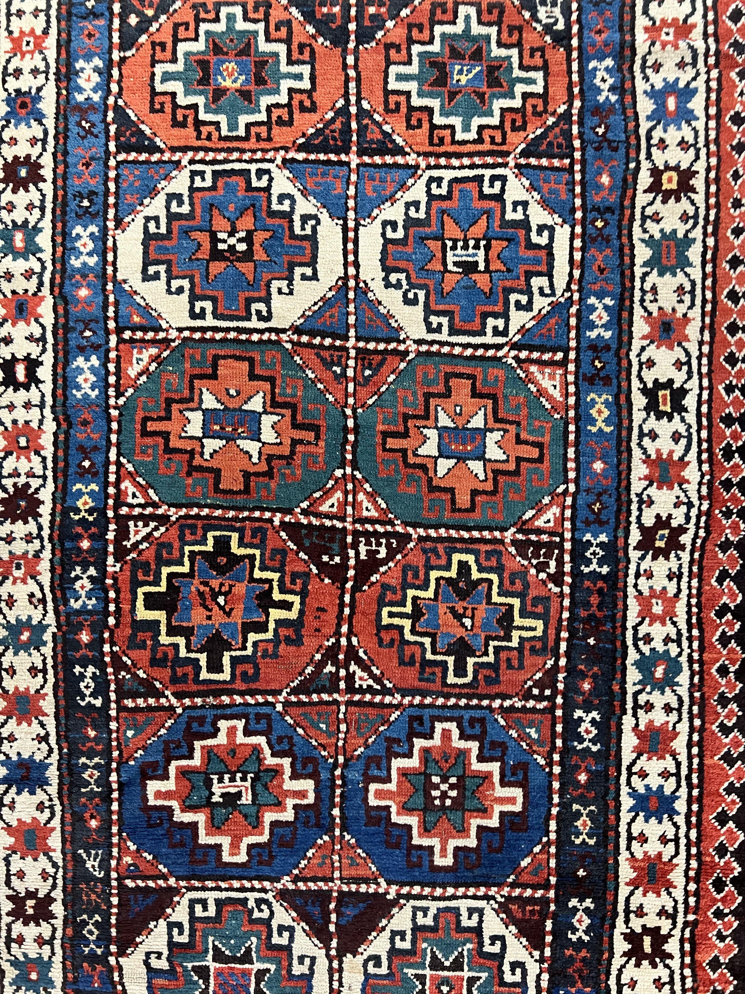 Antique Caucasian Kazak Runner Rug 4 x 9.5, Handmade Wool Rug for Hallway, Rare Colorful Panel Design Mid 19th Century 1870s Oriental Carpet - Jewel Rugs