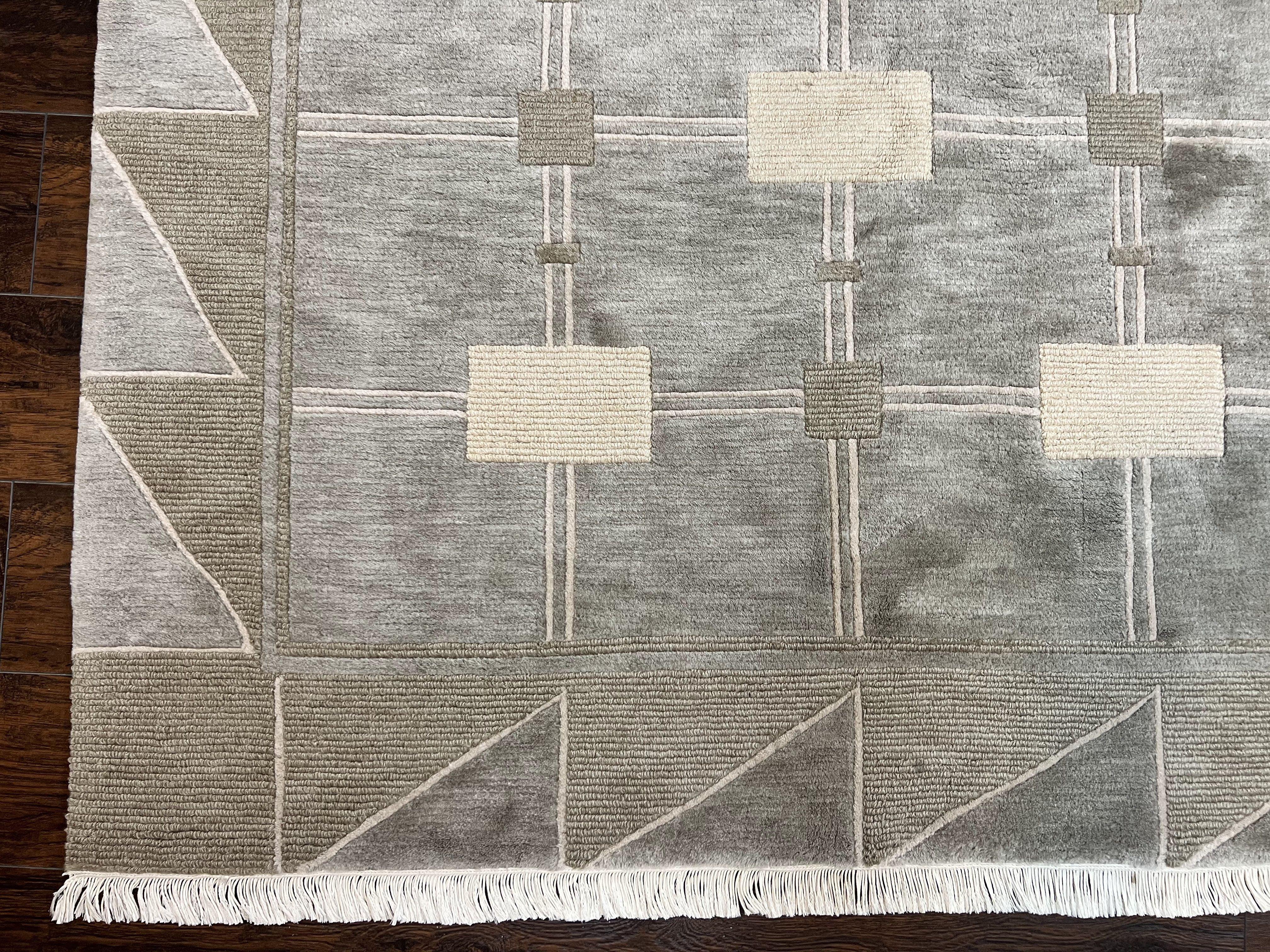 Modern Tibetan Rug 8x10, Abstract Handmade Wool & Silk Highlights Nepali Hand Knotted Carpet 8 x 10 ft, Room Sized Handmade Contemporary Rug - Jewel Rugs