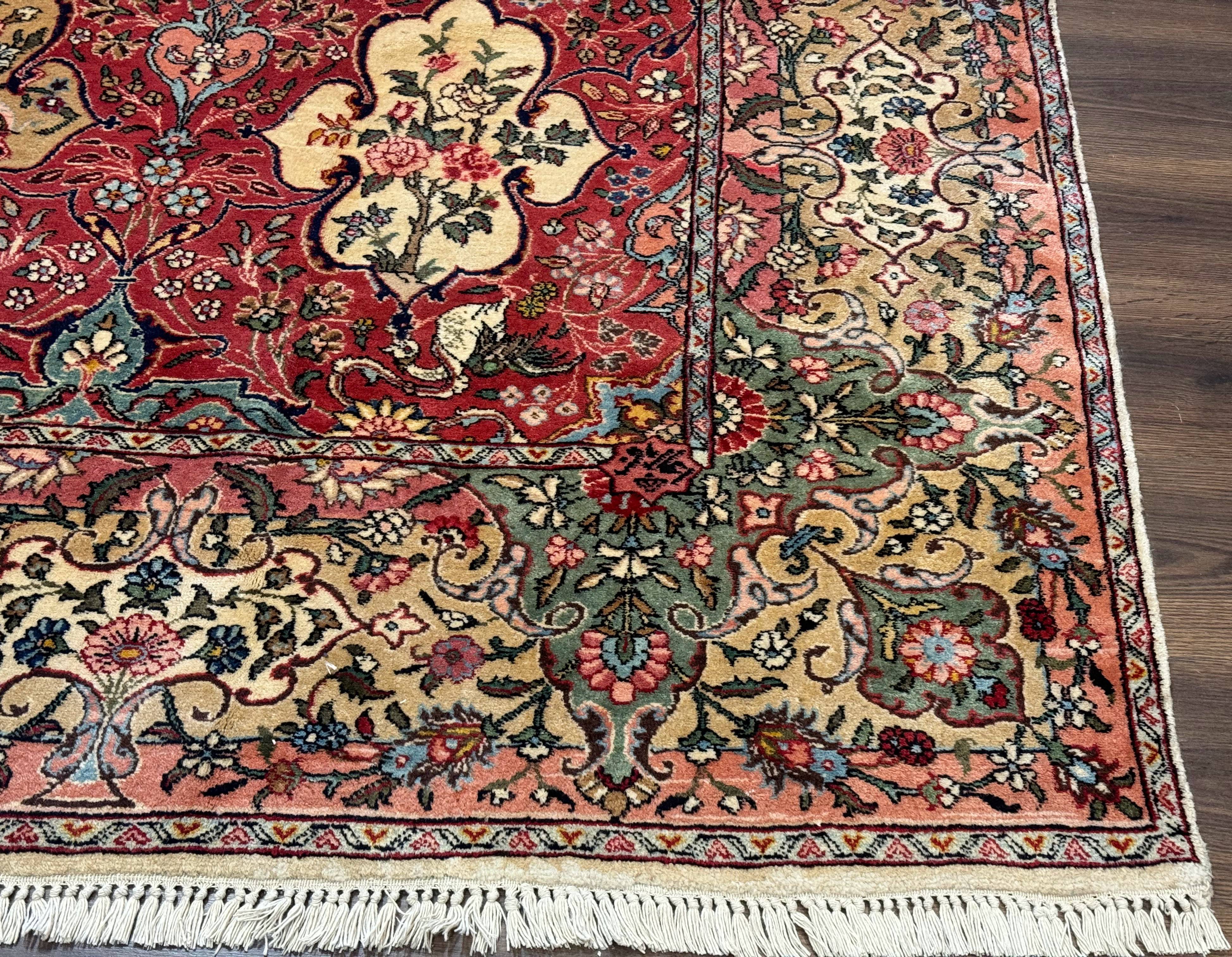 Antique Tabriz Persian Rug 7x10, Red Cream Tan, Unique Design, Fine 270 KPSI, Birds, Floral - Jewel Rugs