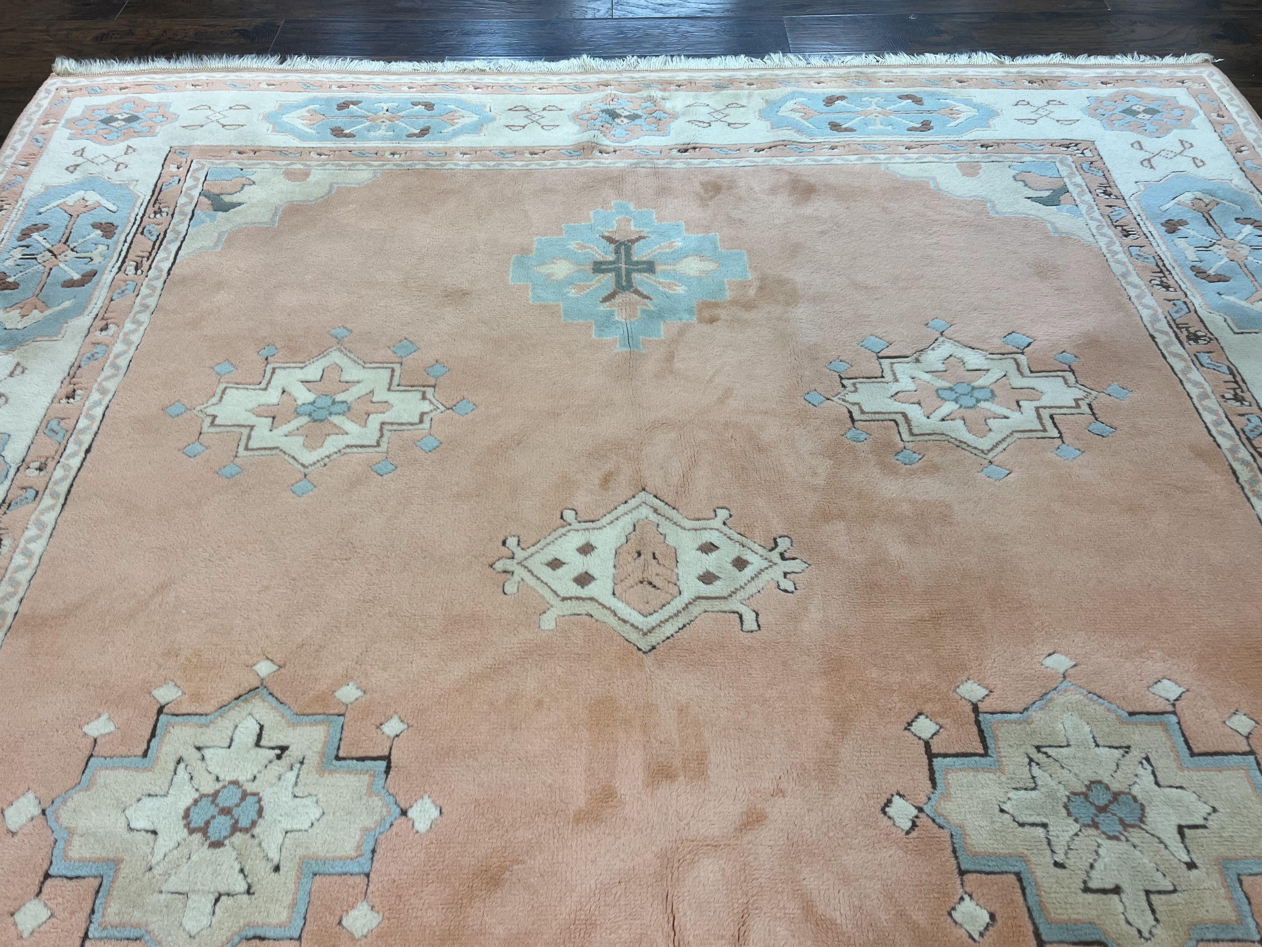 Turkish Oushak Rug 9x12, Wool Hand Knotted Vintage Carpet, Peach Cream Light Blue Room Sized Oriental Rug - Jewel Rugs