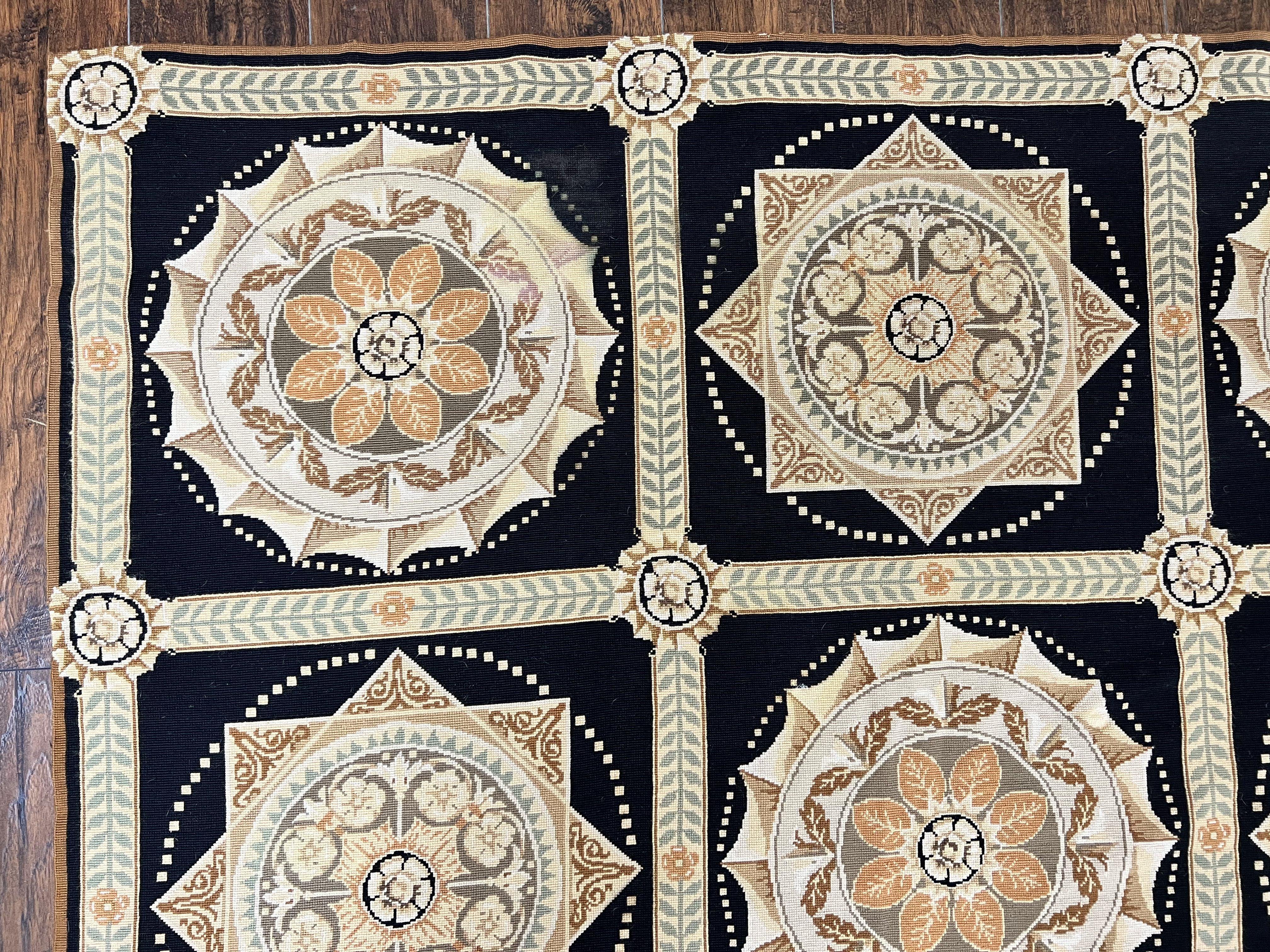 Needlepoint Rug 8x10, Black Tan Beige, Panel Design, Wool Handwoven Handmade Flatweave Needlepoint Carpet, Vintage French European Rug - Jewel Rugs