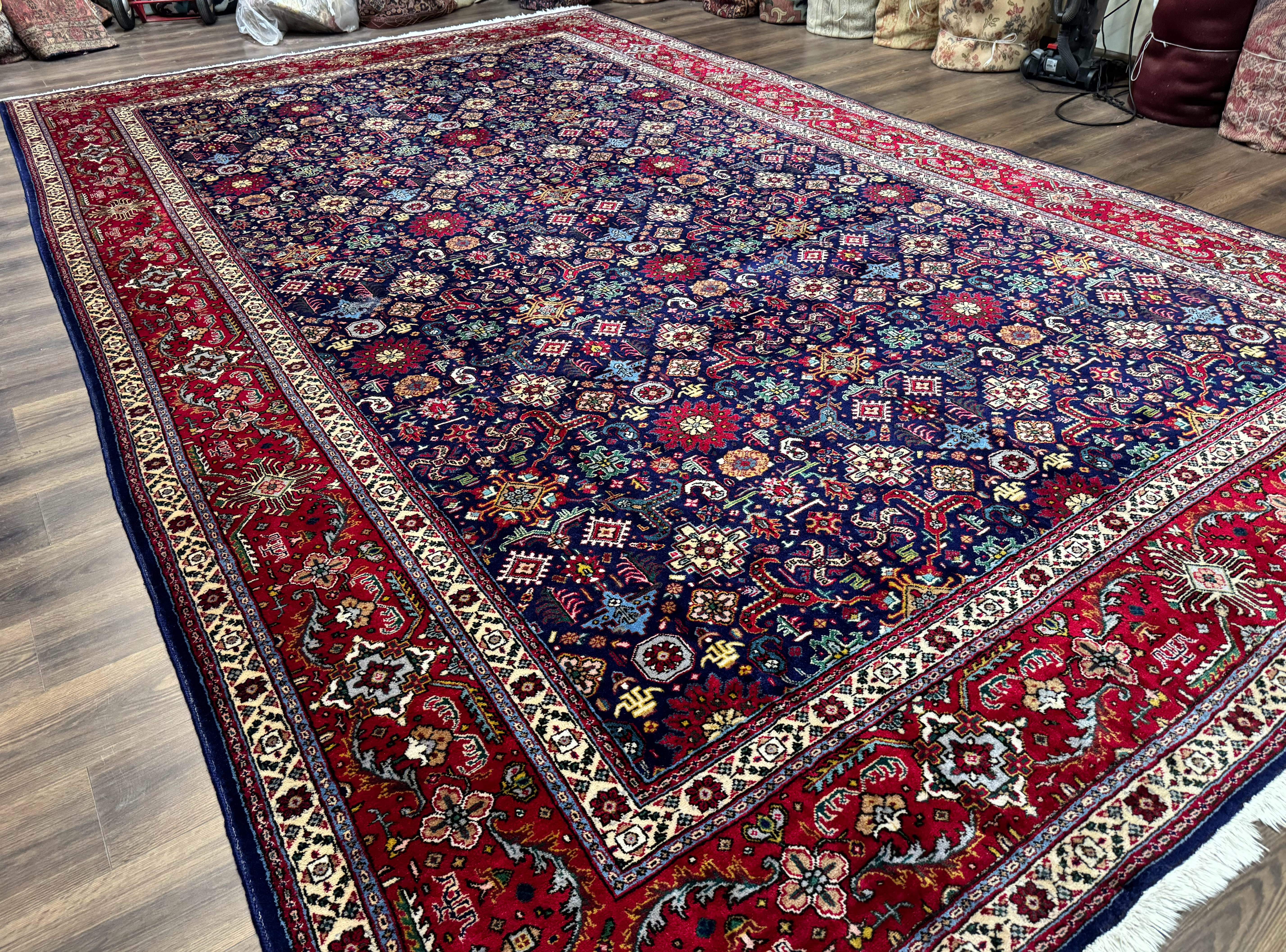 Large Persian Tabriz Rug 10x16, Navy Blue and Red, Allover Pattern, Vintage Hand Knotted Wool Carpet - Jewel Rugs