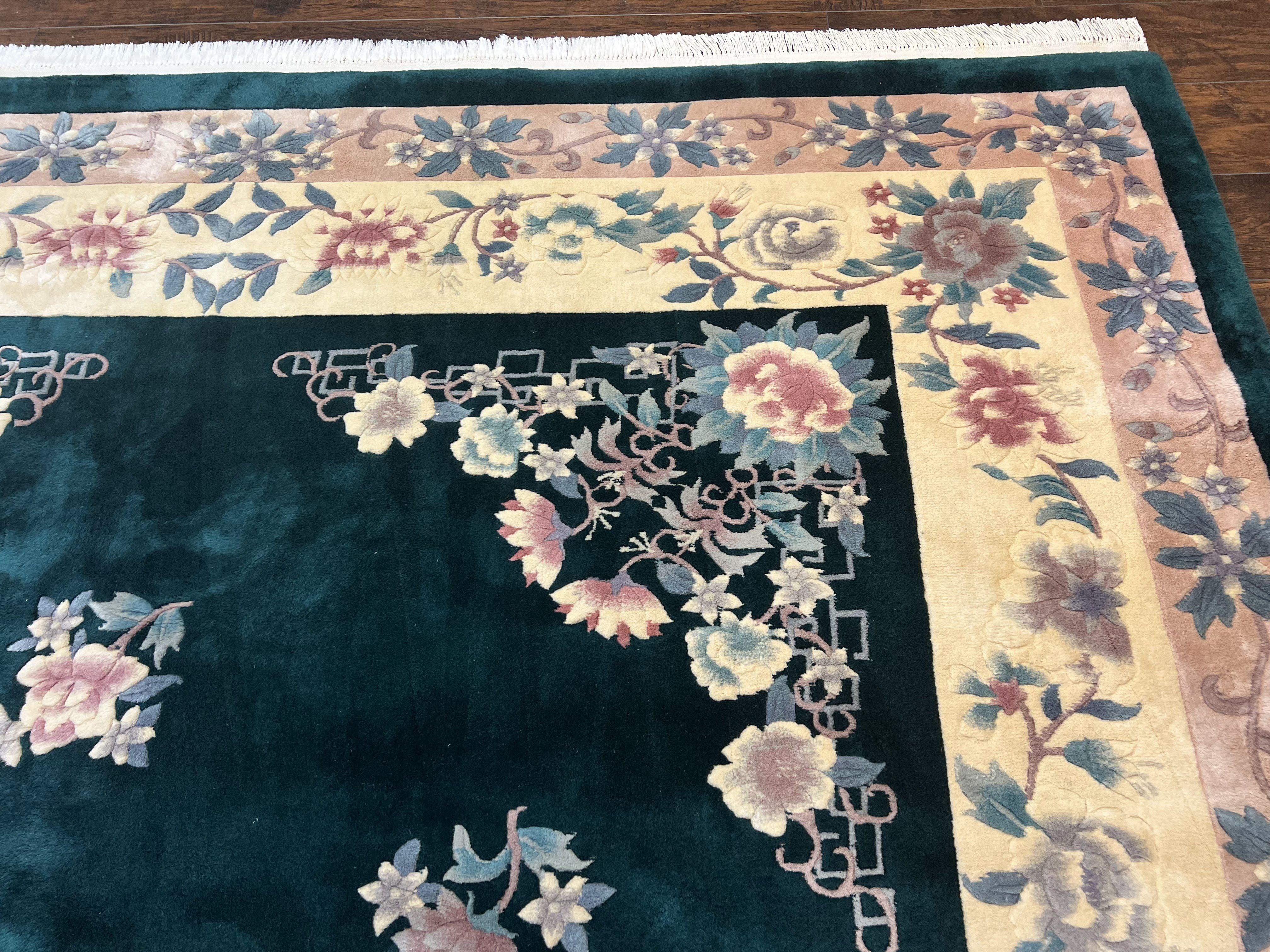 Chinese Art Deco Rug 9x12, Wool Hand Knotted Vintage Carpet, Dark Green & Cream, 90 Line Carving Rug - Jewel Rugs