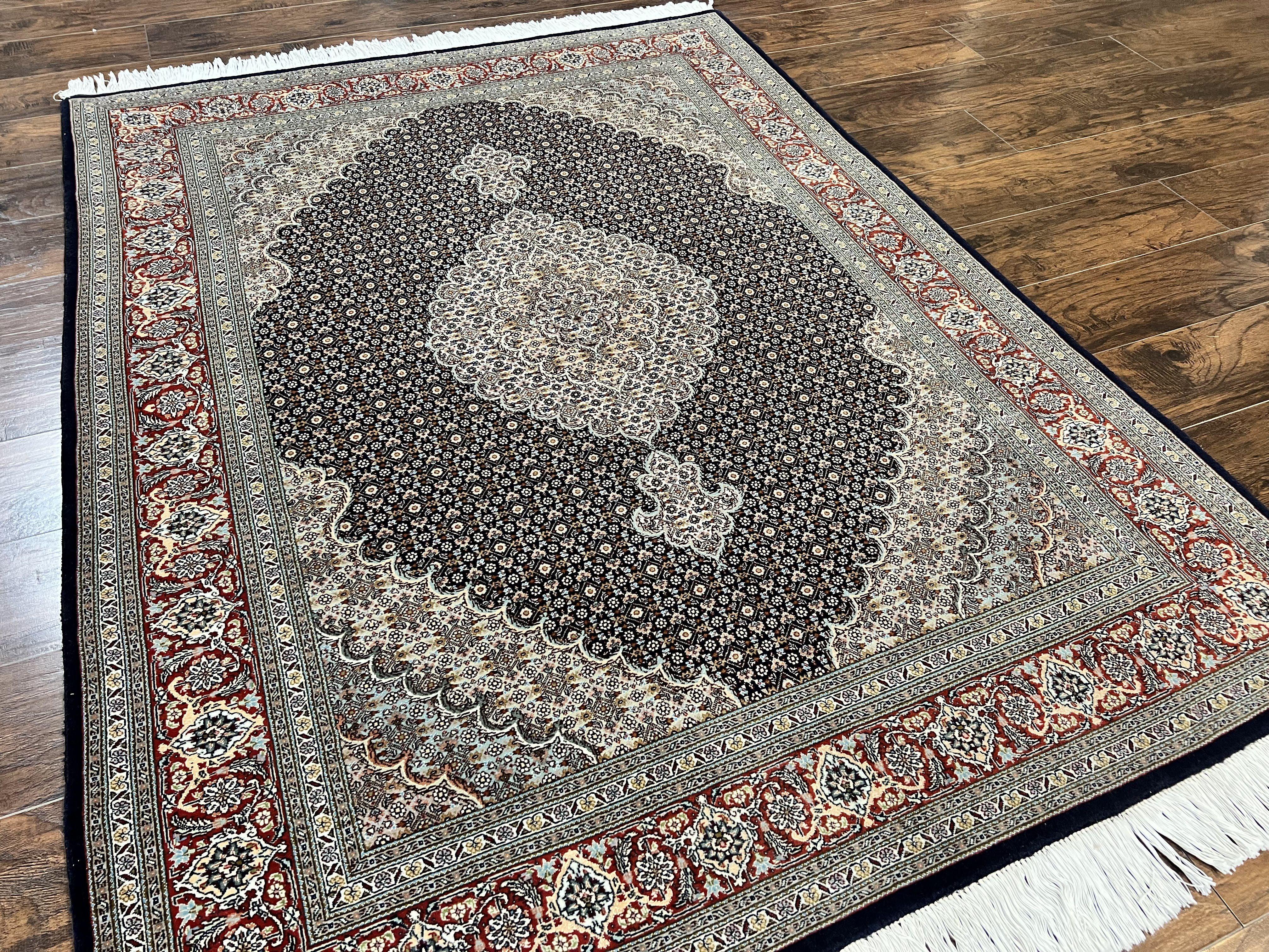 Persian Tabriz Rug 5x7, Wool with Silk Highlights, Hand Knotted Vintage Oriental Carpet, Very Fine, Herati Mahi Pattern, Black, Rare - Jewel Rugs