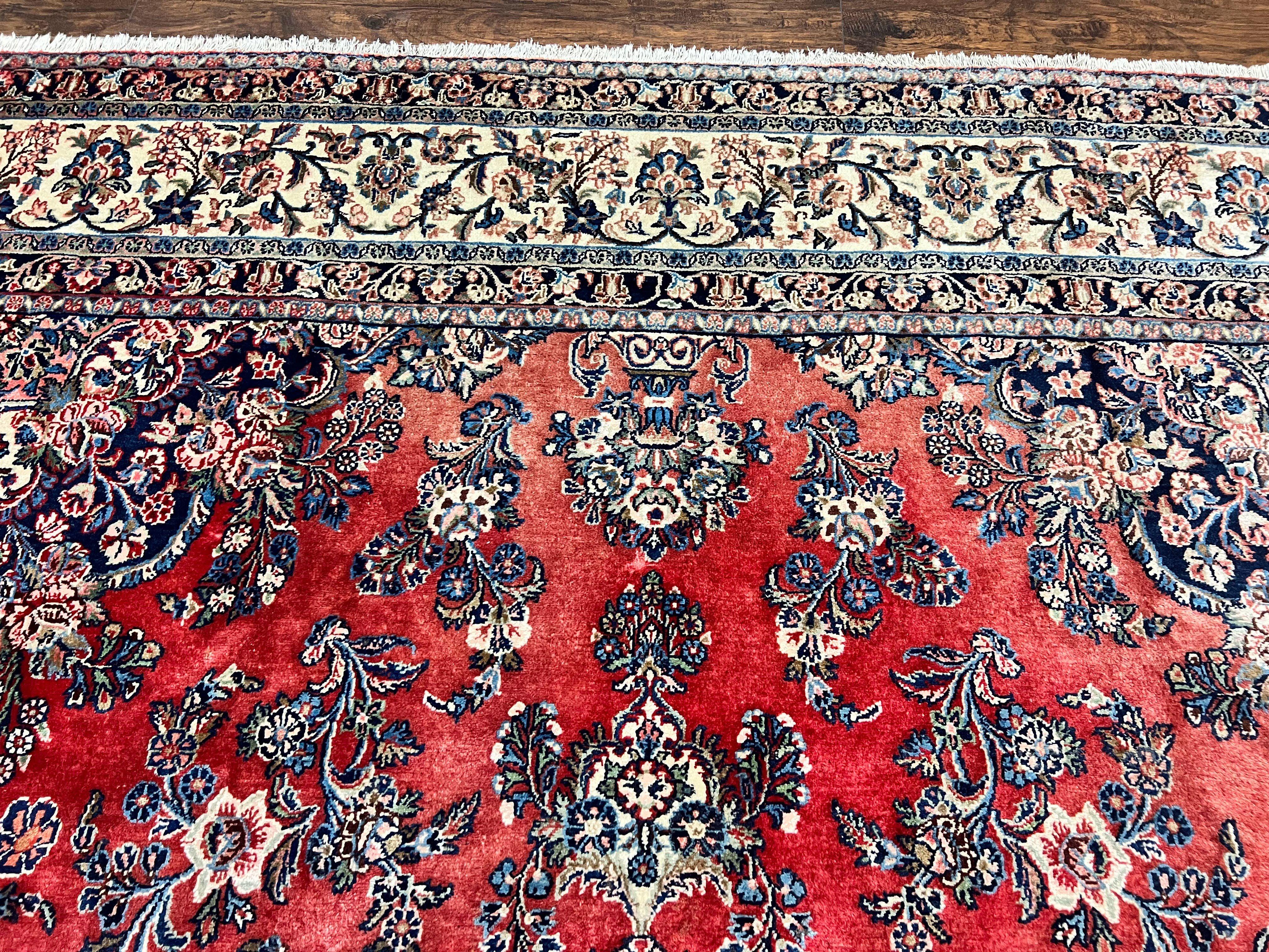 Persian Sarouk Rug 11x13, Wool Hand Knotted Antique Carpet, Red Ivory Traditional Handmade Large Oriental Area Rug 11 x 13, Floral Medallion - Jewel Rugs