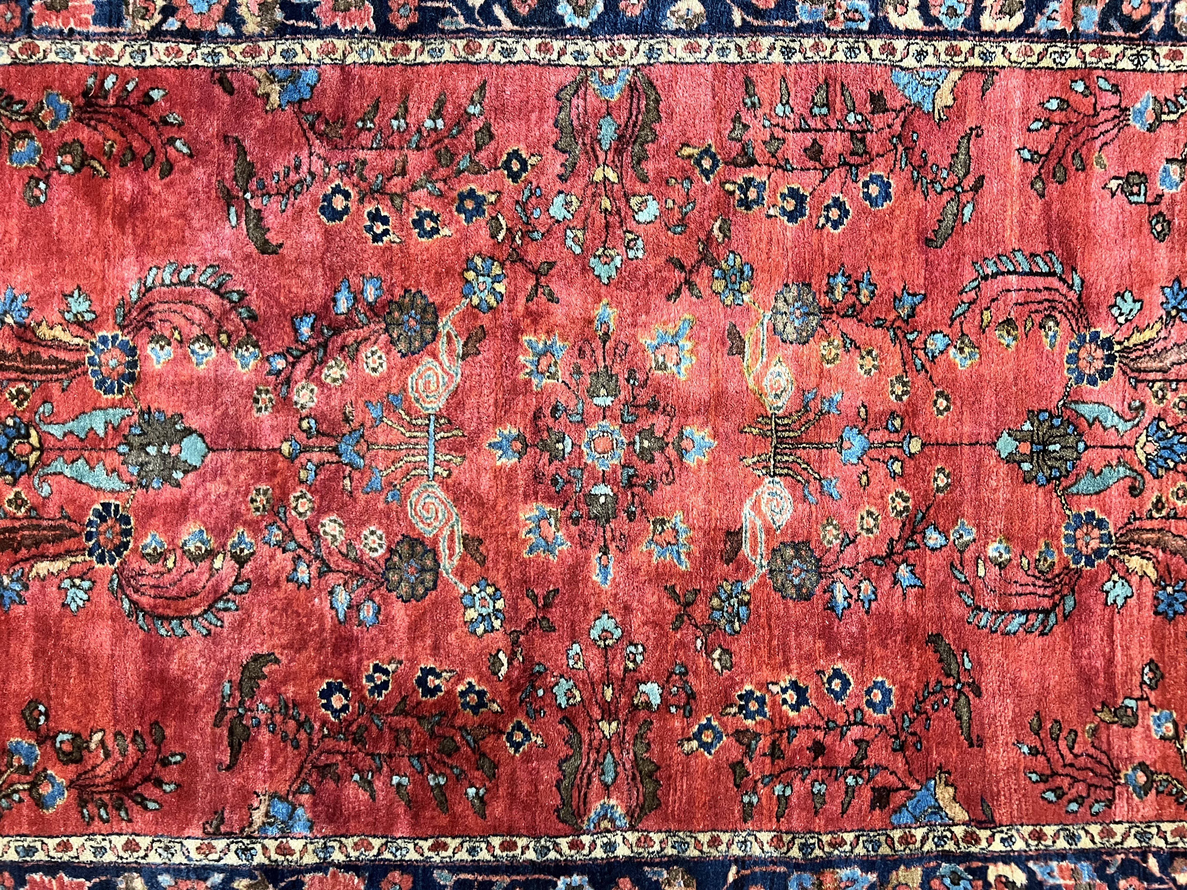 Persian Sarouk Rug 3x5, Antique Persian Carpet, Red and Navy Blue, Hand Knotted Handmade Floral Wool 1920s Fine Oriental Rug - Jewel Rugs