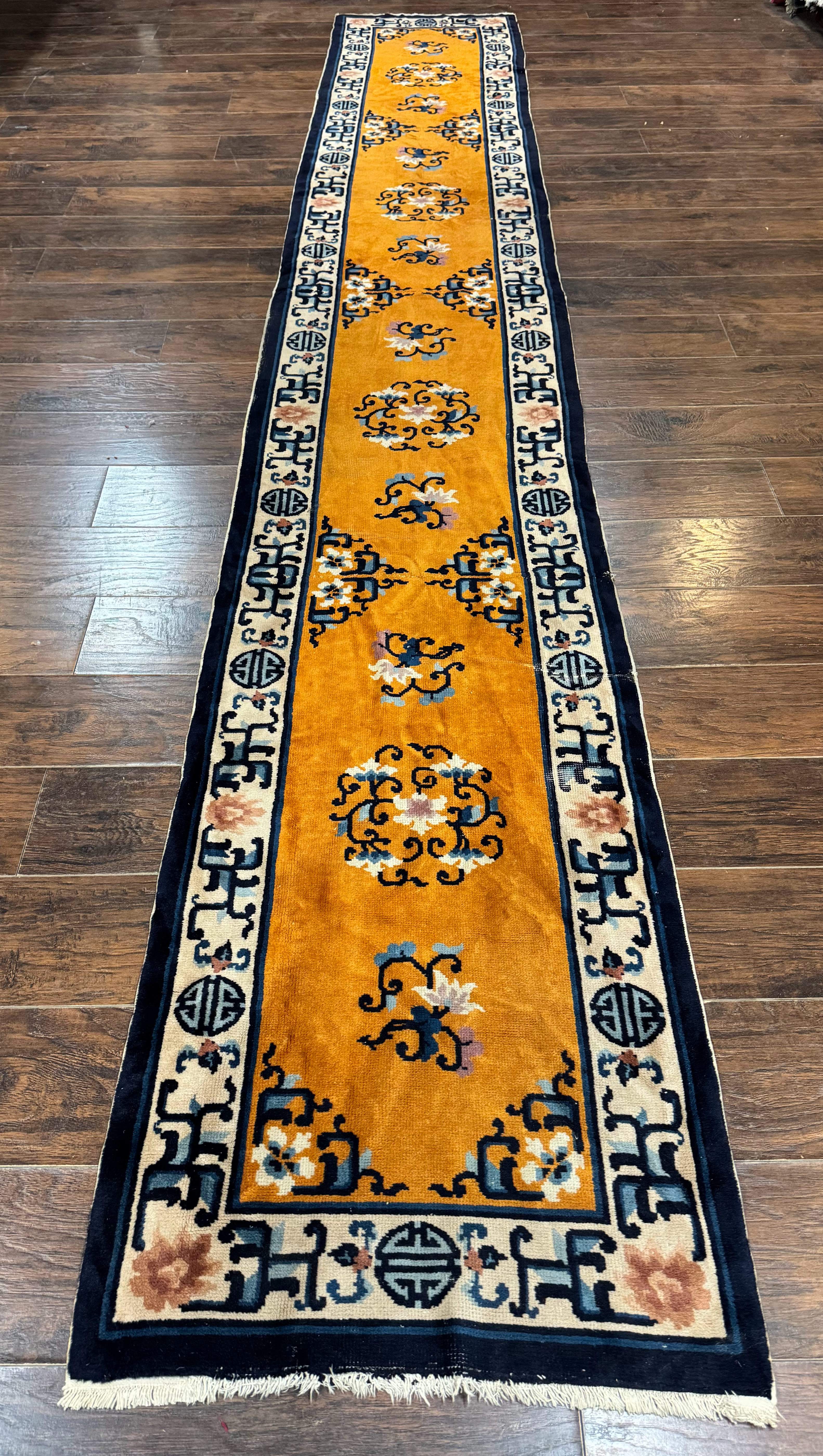 Chinese Peking Runner Rug 2x15 – Orange Ivory & Blue, Hand-Knotted Wool Antique Runner - Jewel Rugs